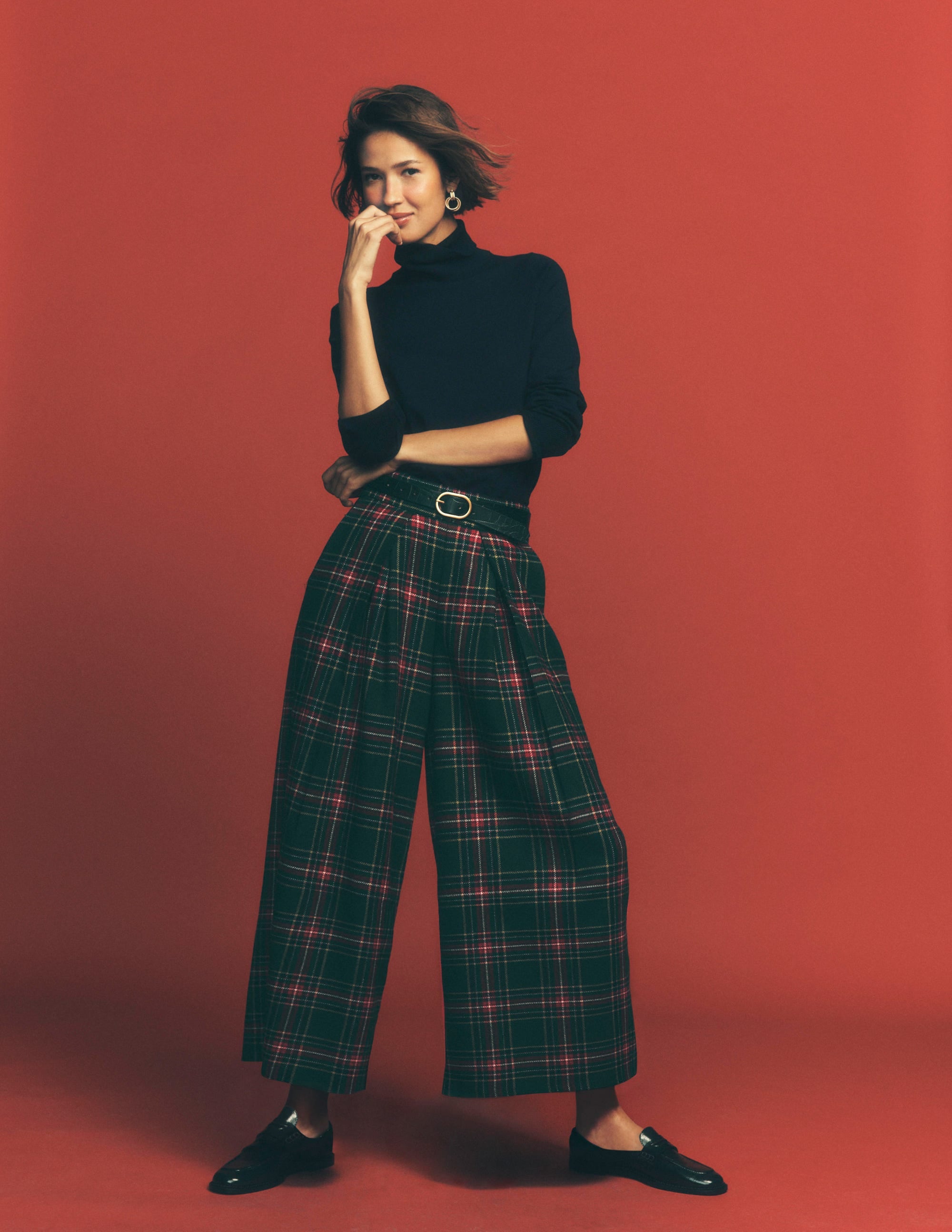 Wool Blend Pleated Pants-Green, Navy and Red Check - Image 1
