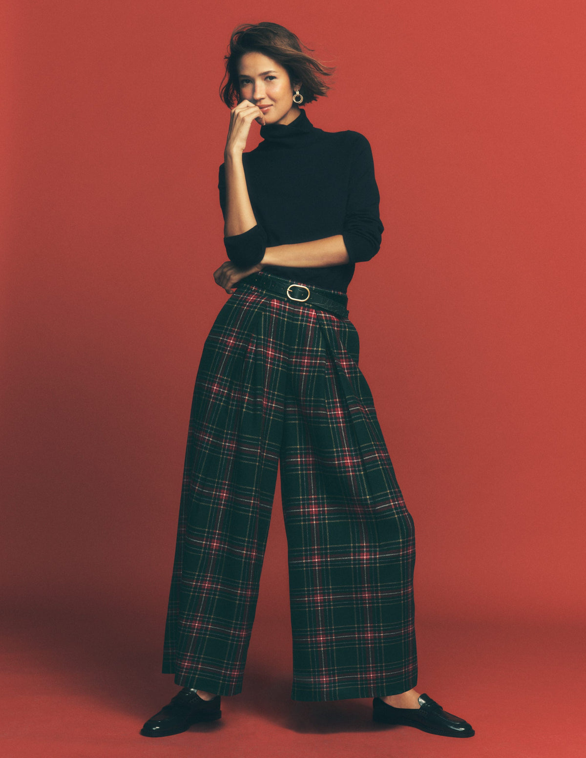 Wool Blend Pleated Pants-Green, Navy and Red Check-1