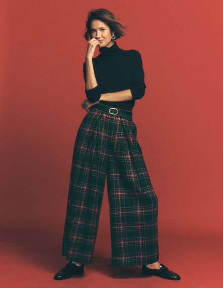 Wool Blend Pleated Pants-Green, Navy and Red Check