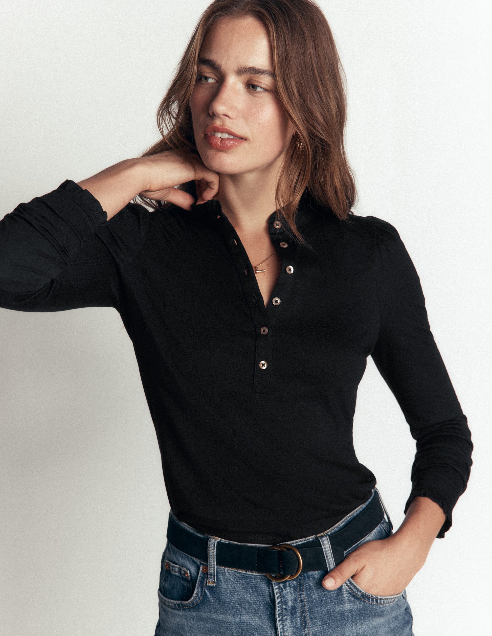 Supersoft Frill Henley Top-Black-4