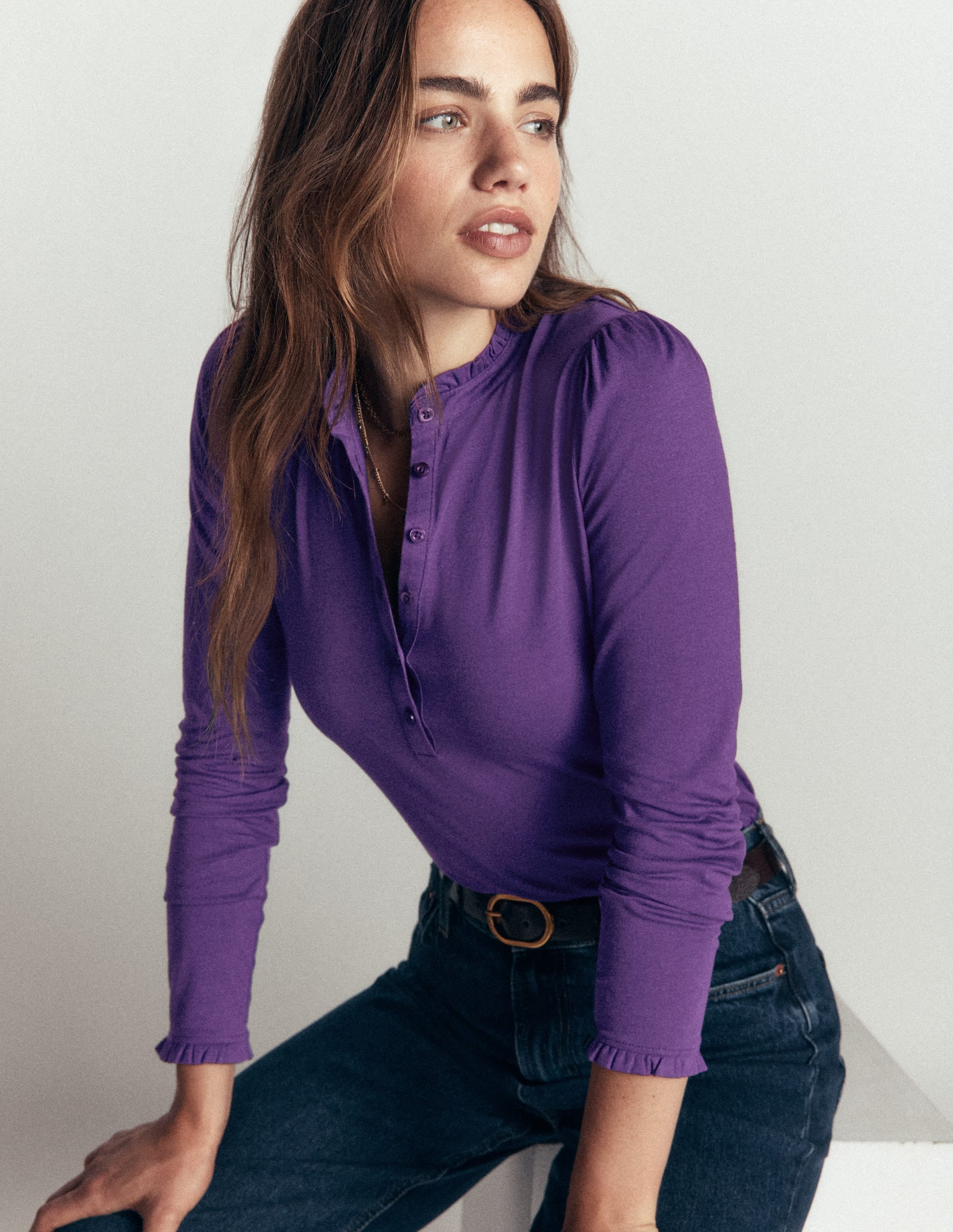 Supersoft Frill Henley Top - Calla Lilly Purple | Boden USA