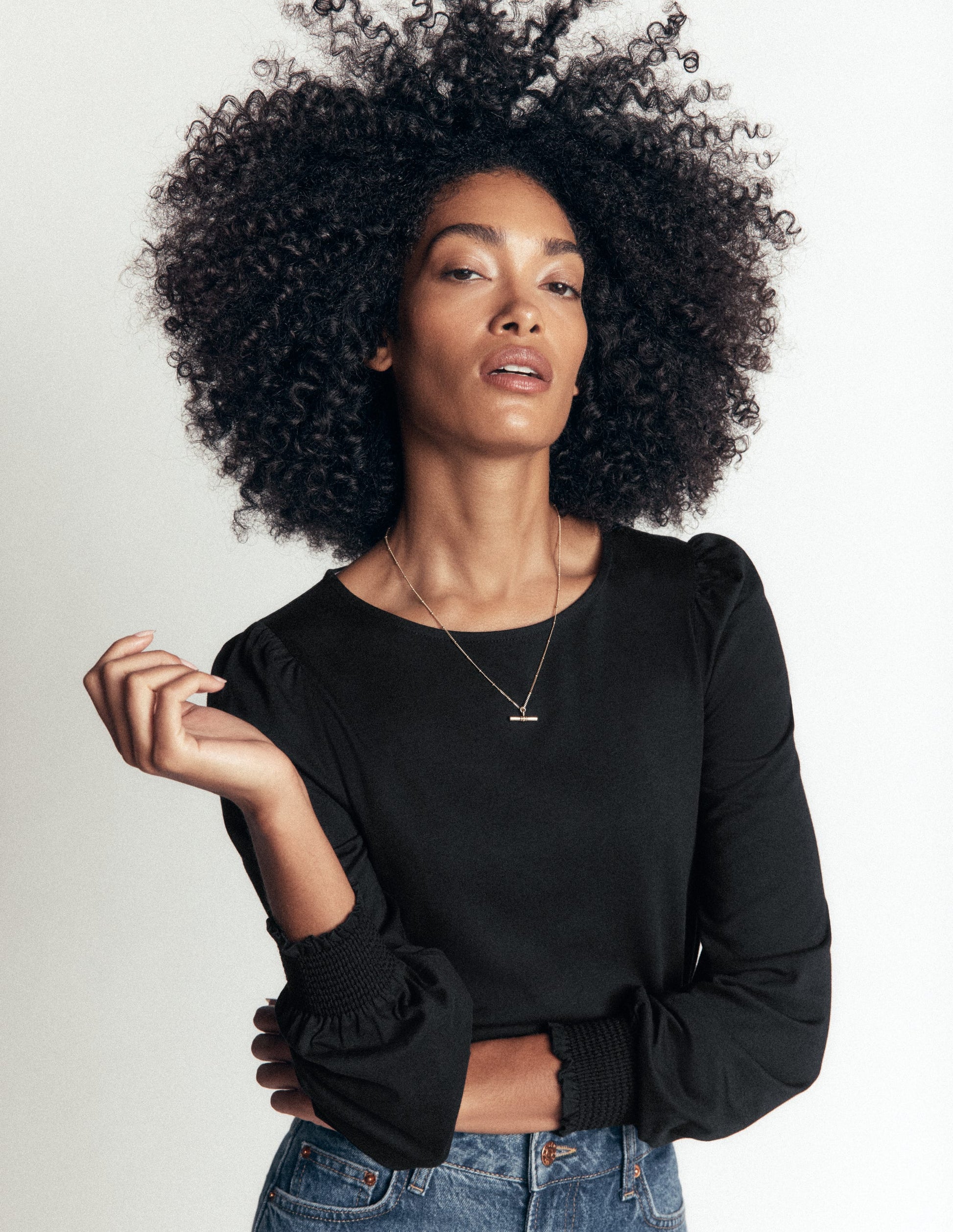 Smocked Cuff Supersoft Top-Black-2