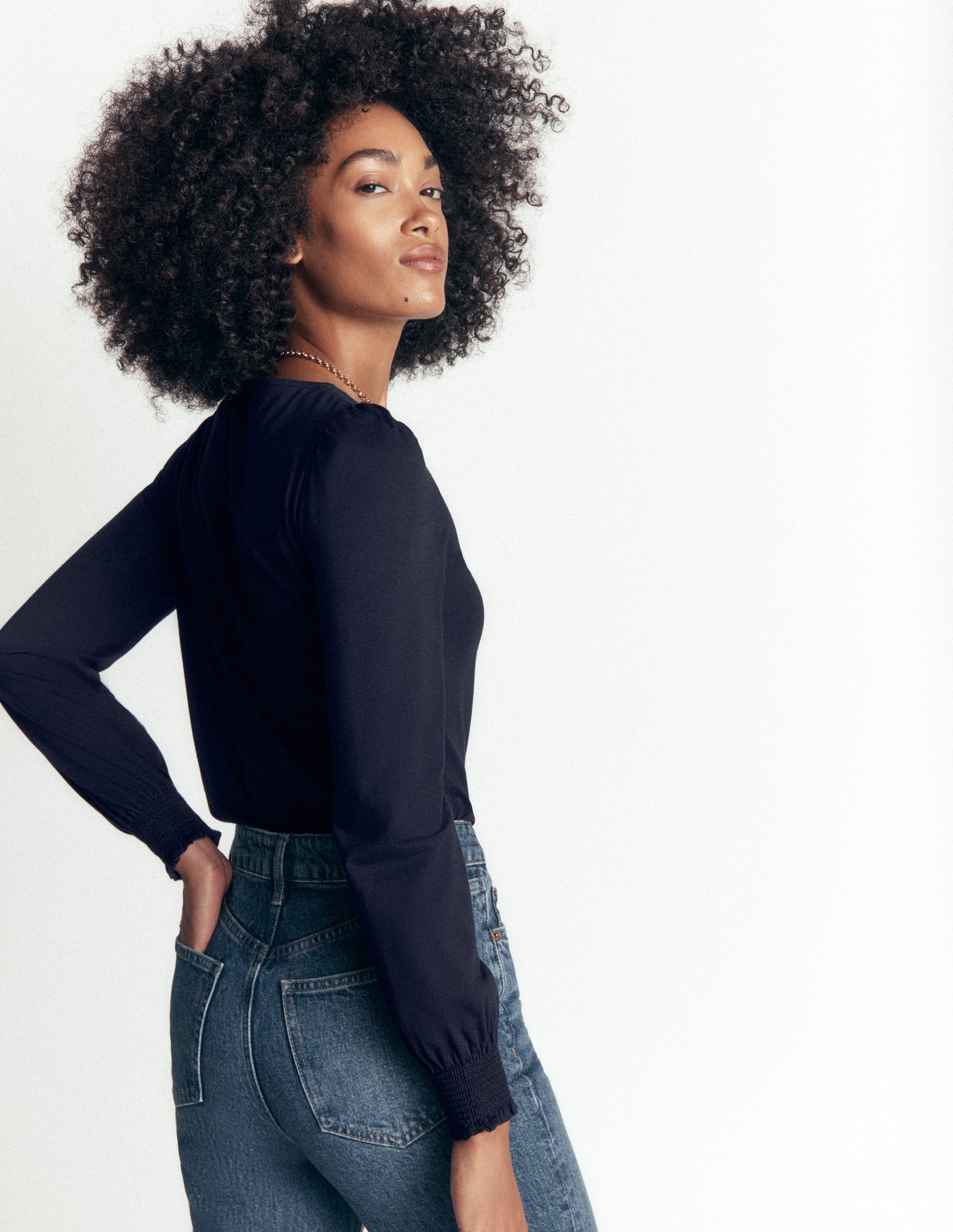 Smocked Cuff Supersoft Top-Navy-3