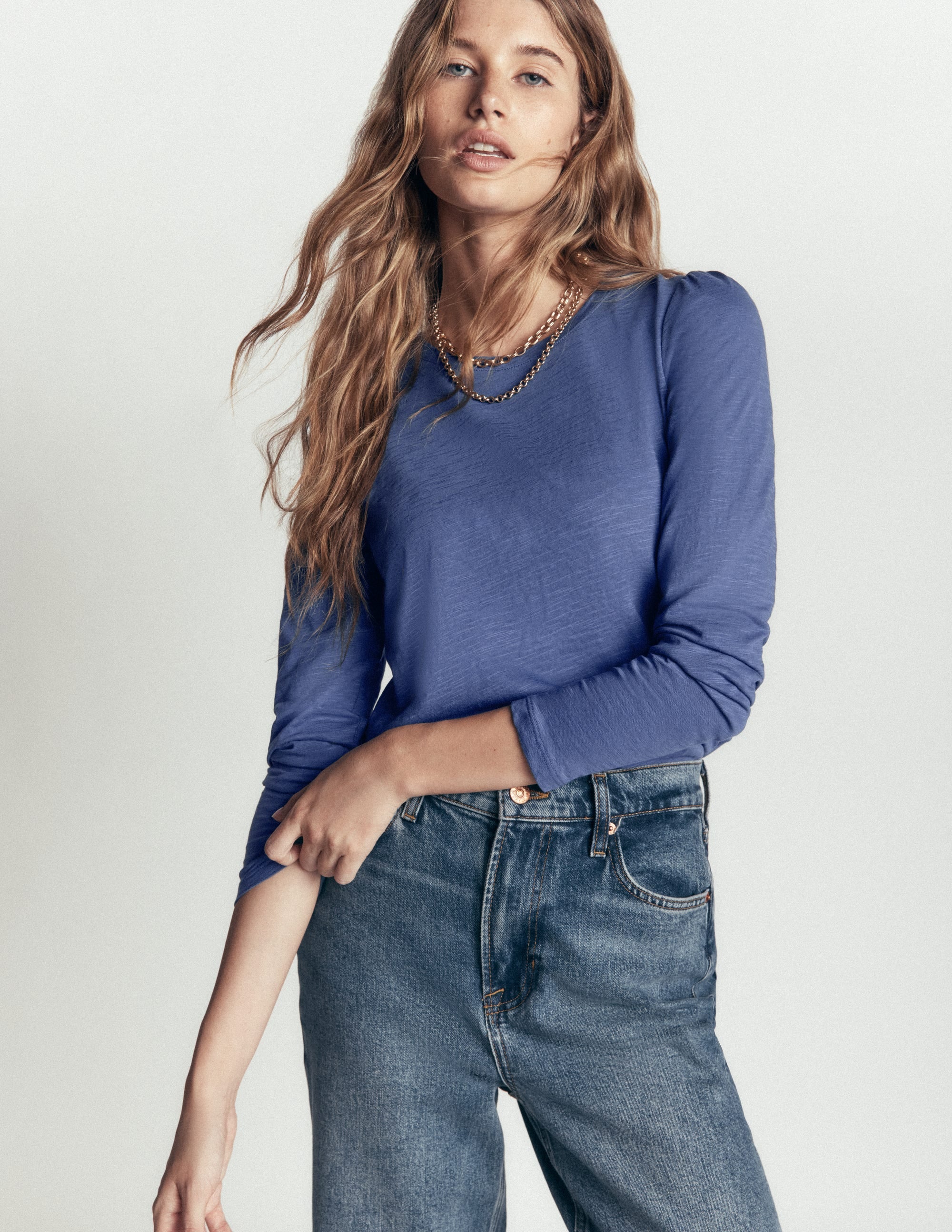 Cotton Crew Long Sleeve Top-True Navy - Image 1
