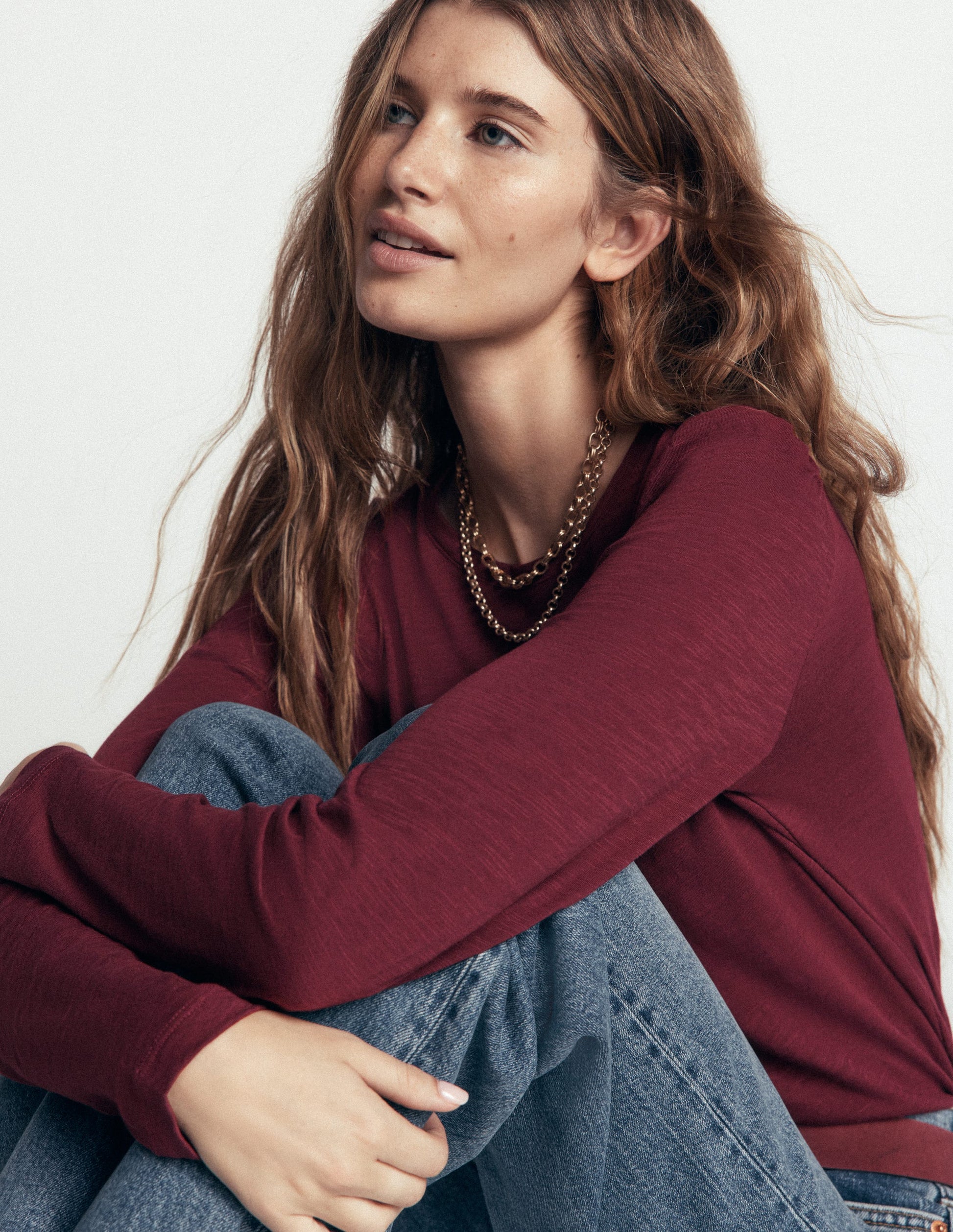 Cotton Crew Long Sleeve Top-Maroon Banner-5