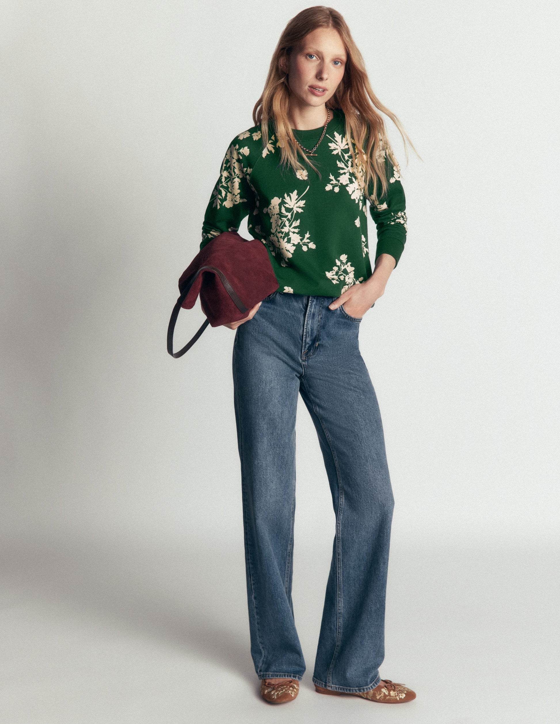 Rosa Printed Sweatshirt-Hunter Green, Flecked Bunch-4