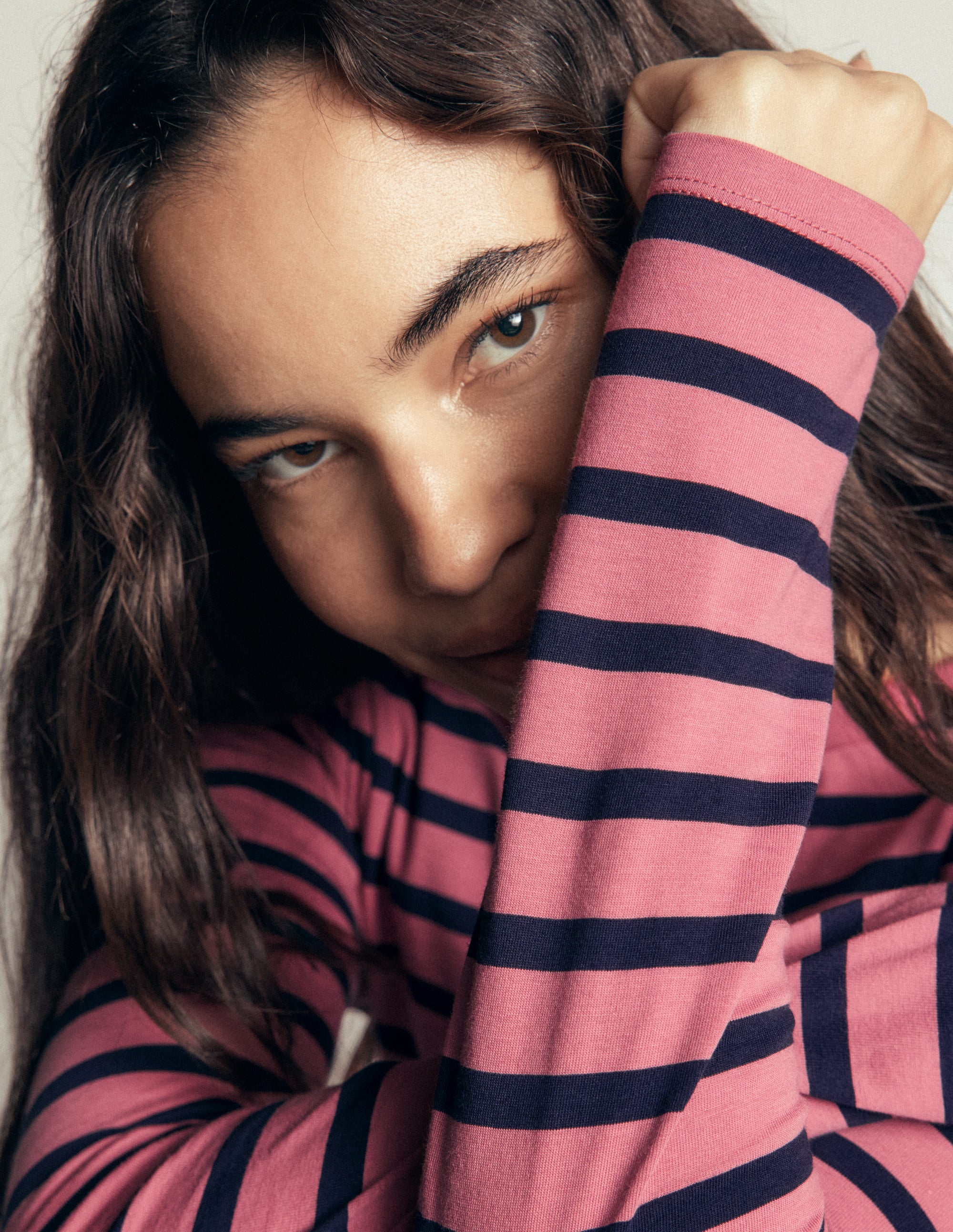 Olivia Long Sleeve Breton-Heather Rose and Navy Stripe - Image 5