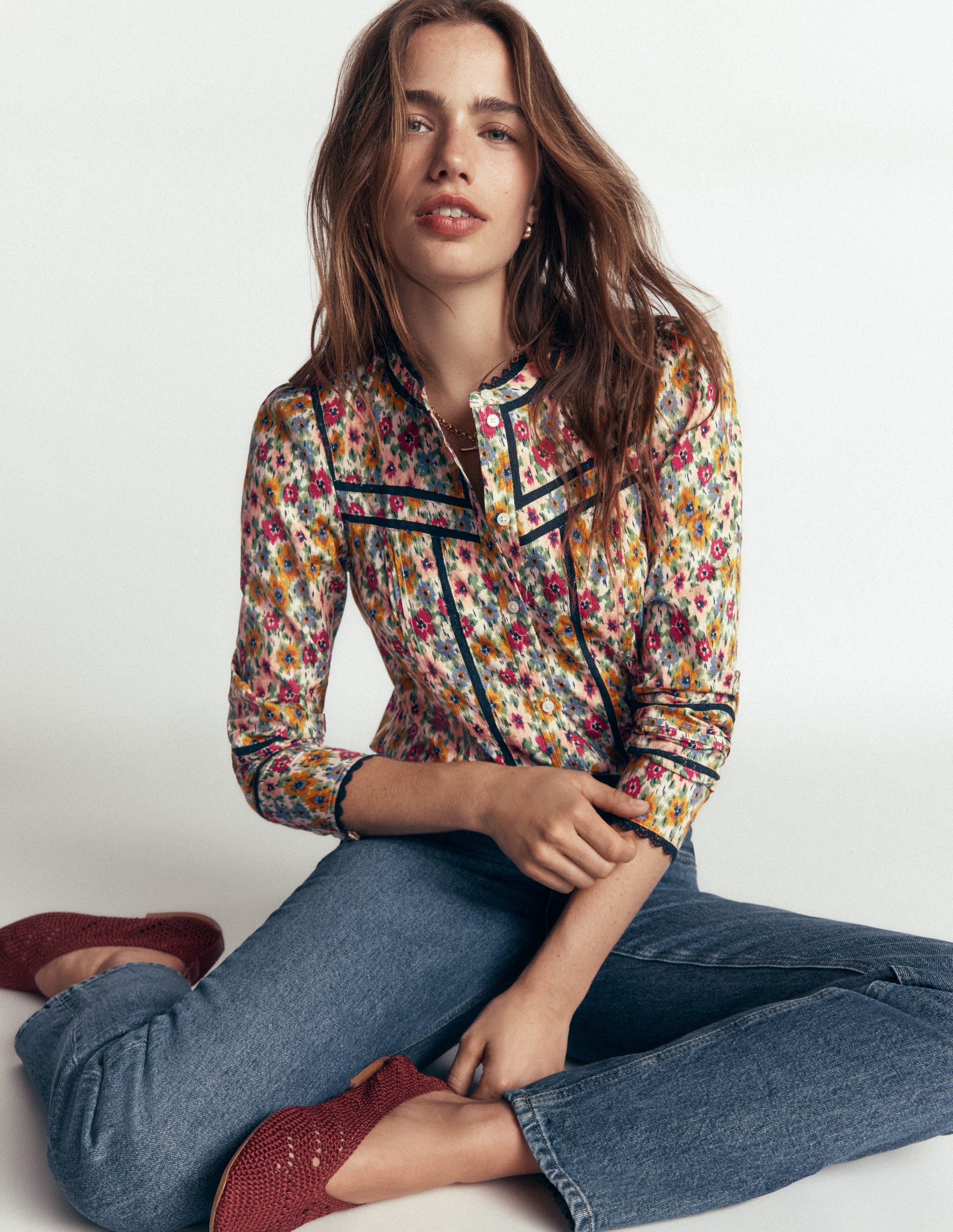 Carmen Lace Trim Cotton Top-Multi, Flecked Garden - Image 1