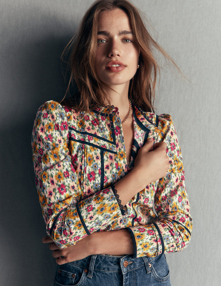 Carmen Lace Trim Cotton Top-Multi, Flecked Garden