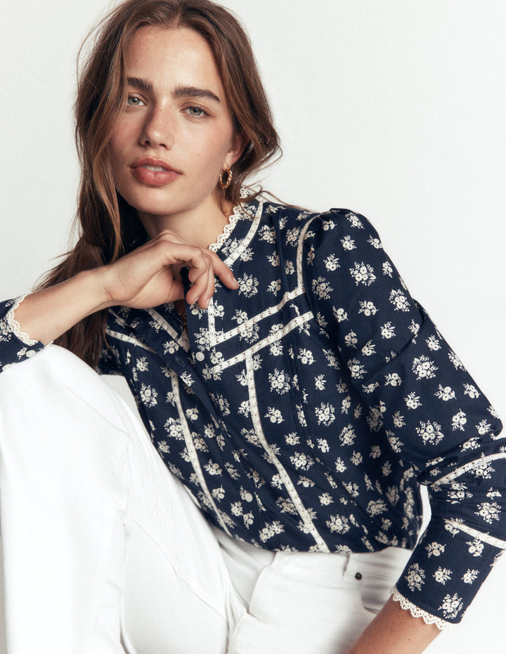 Carmen Lace Trim Cotton Top-French Navy, Delicate Garden