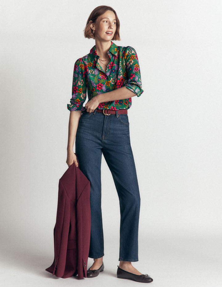 Sara Silk Shirt-Green, Butterfly Bouquet