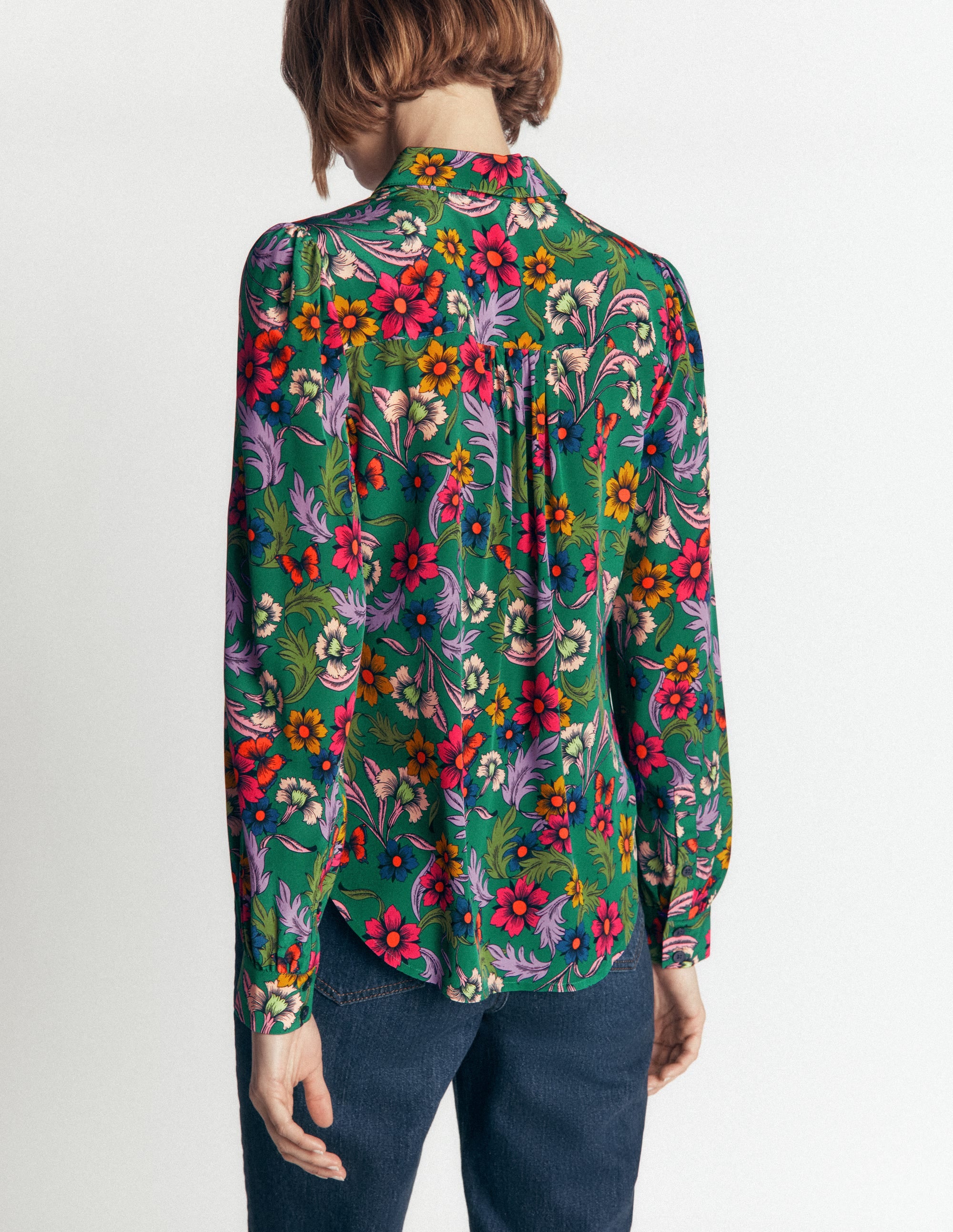 Sara Silk Shirt-Green, Butterfly Bouquet - Image 3
