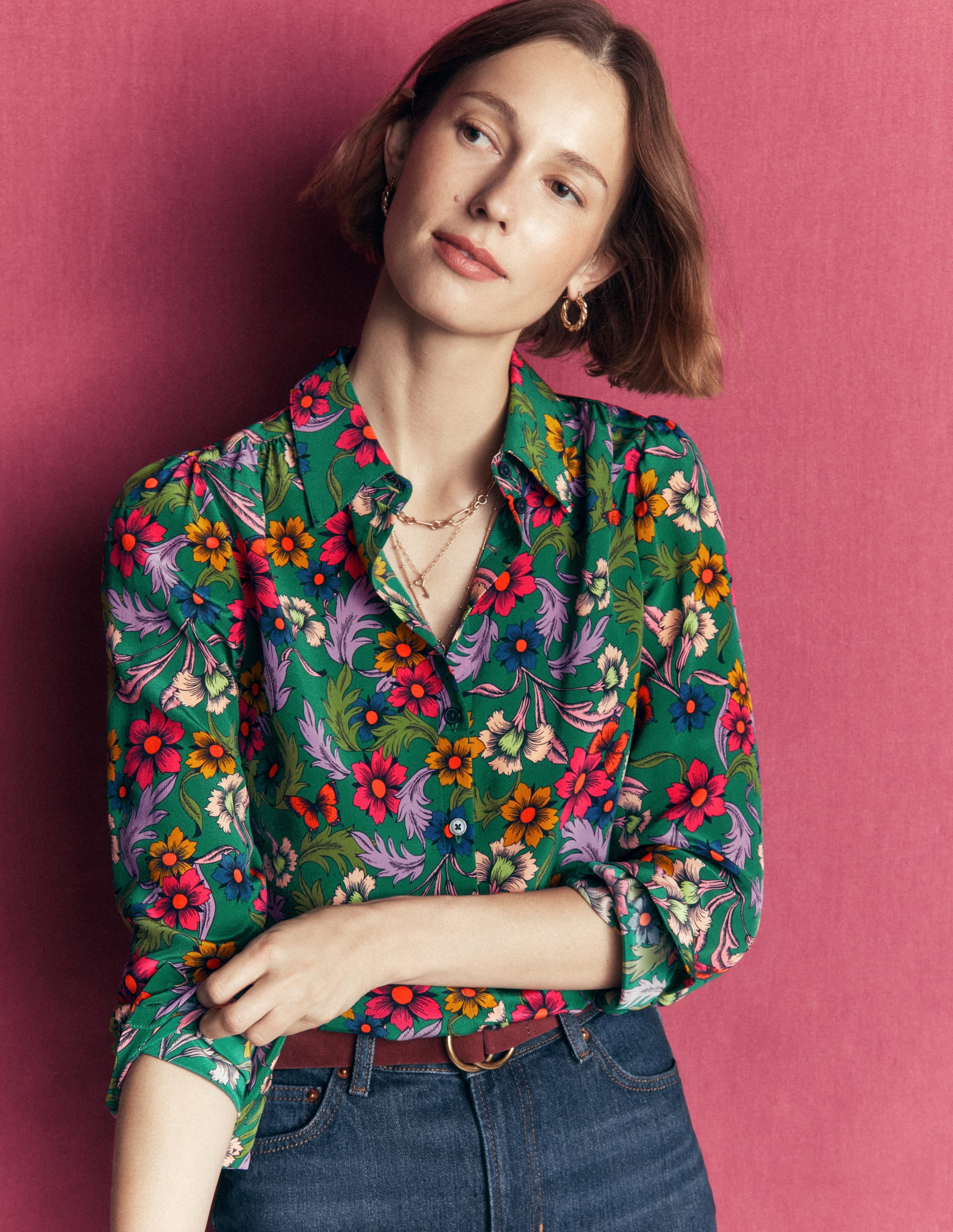 Sara Silk Shirt-Green, Butterfly Bouquet - Image 4