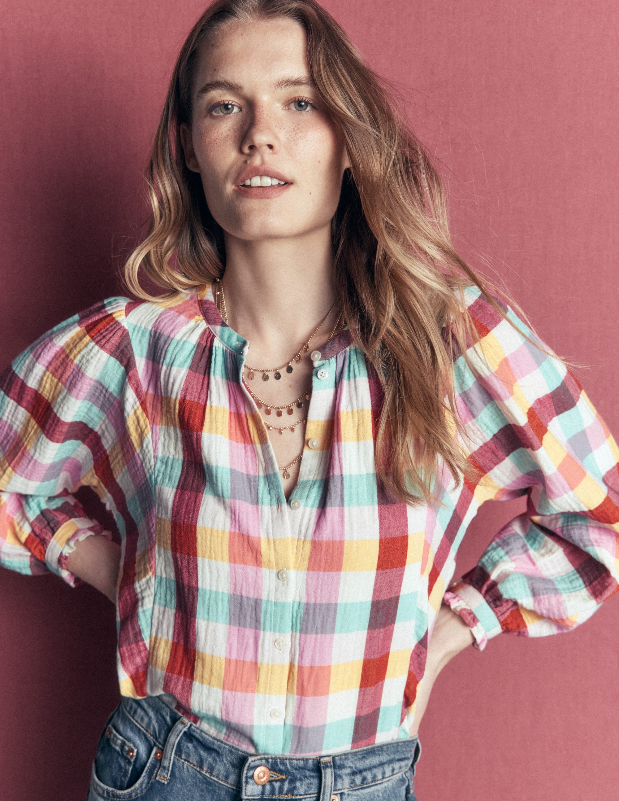 Camille Double Cloth Top-Ivory, Pink, Red Multi Gingham - Image 5