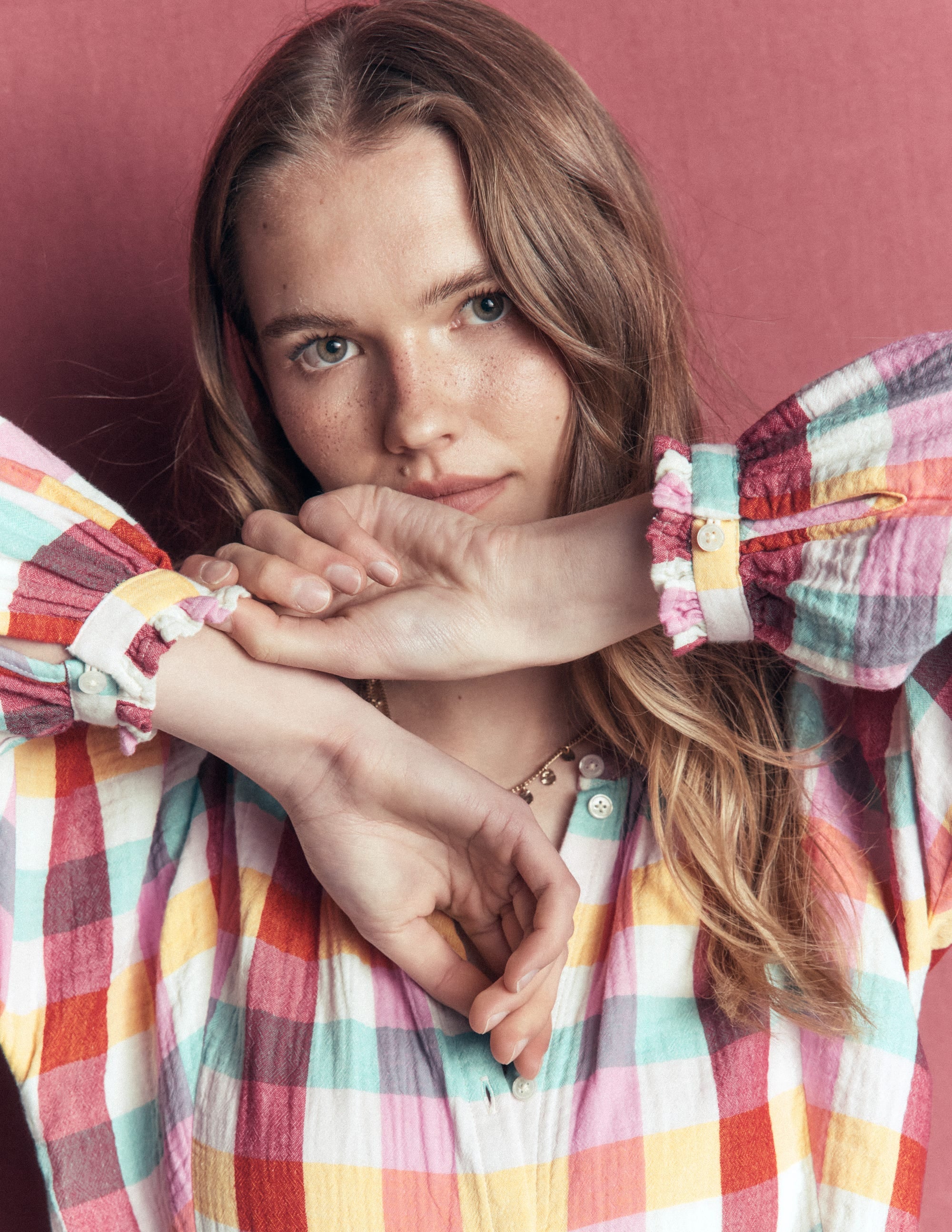 Camille Double Cloth Top-Ivory, Pink, Red Multi Gingham - Image 6