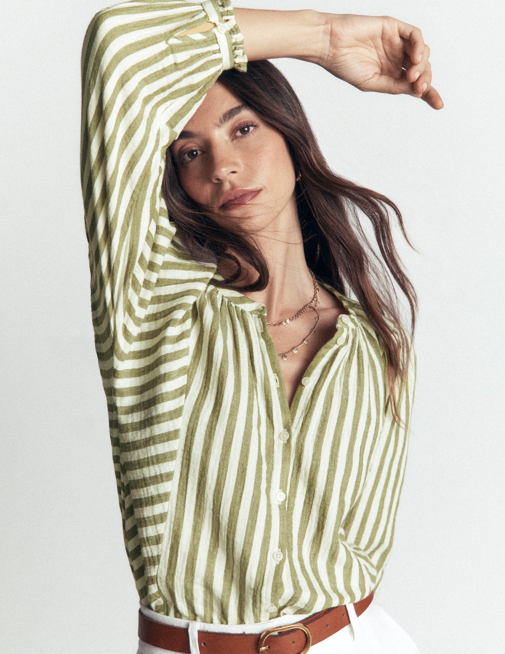 Camille Double Cloth Top-Olive, Ivory Fine Stripe-1