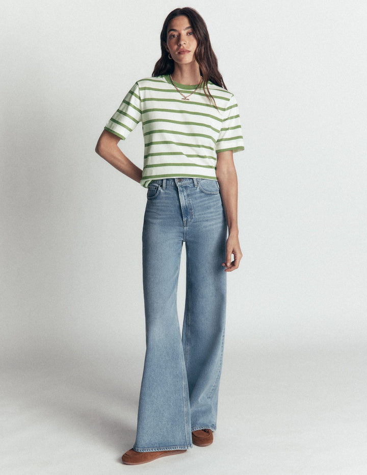 Relaxed Cotton T-shirt-Safari Green and Ivory Stripe