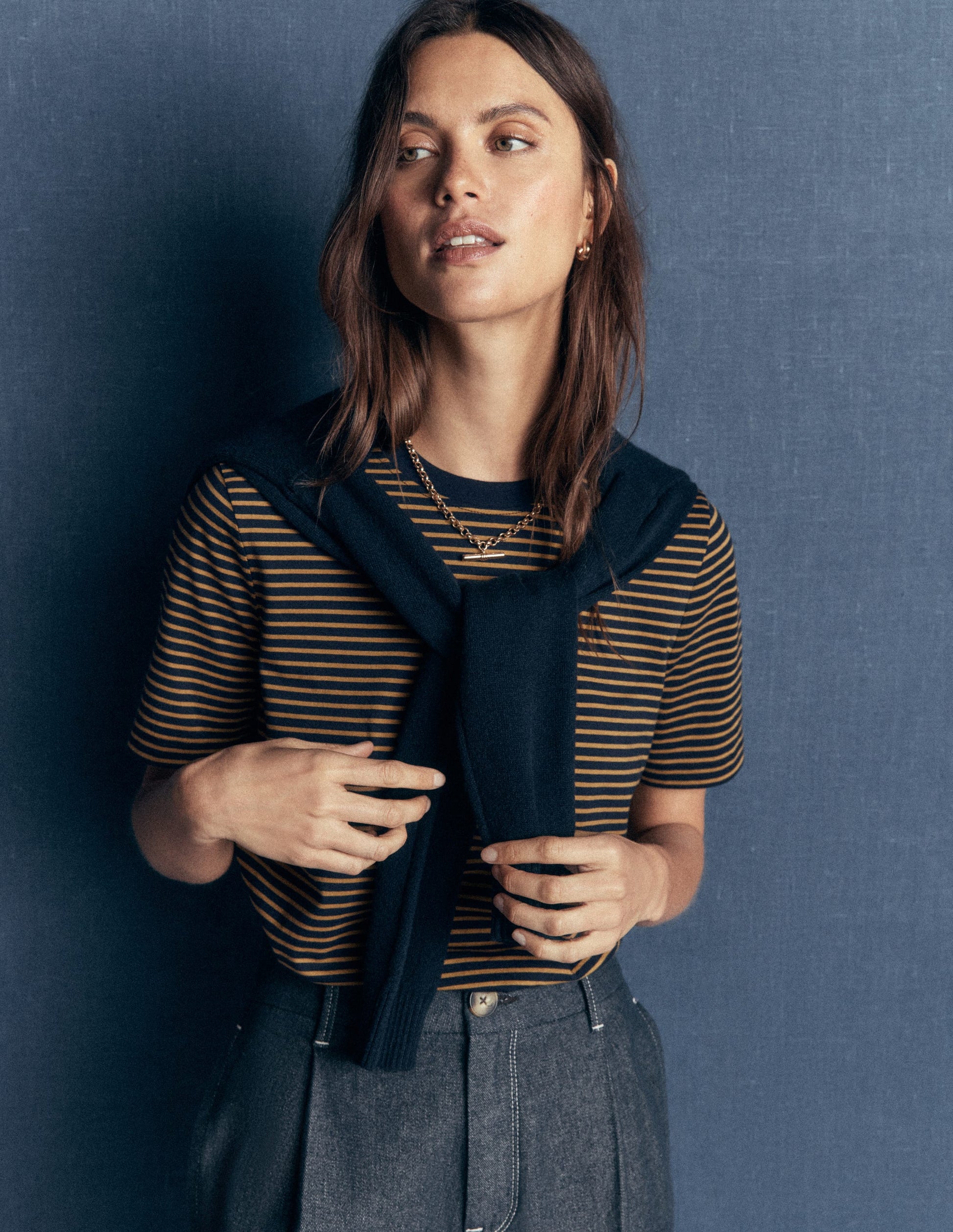 Cotton Crew Neck T-shirt-Navy and Dijon Stripe-4
