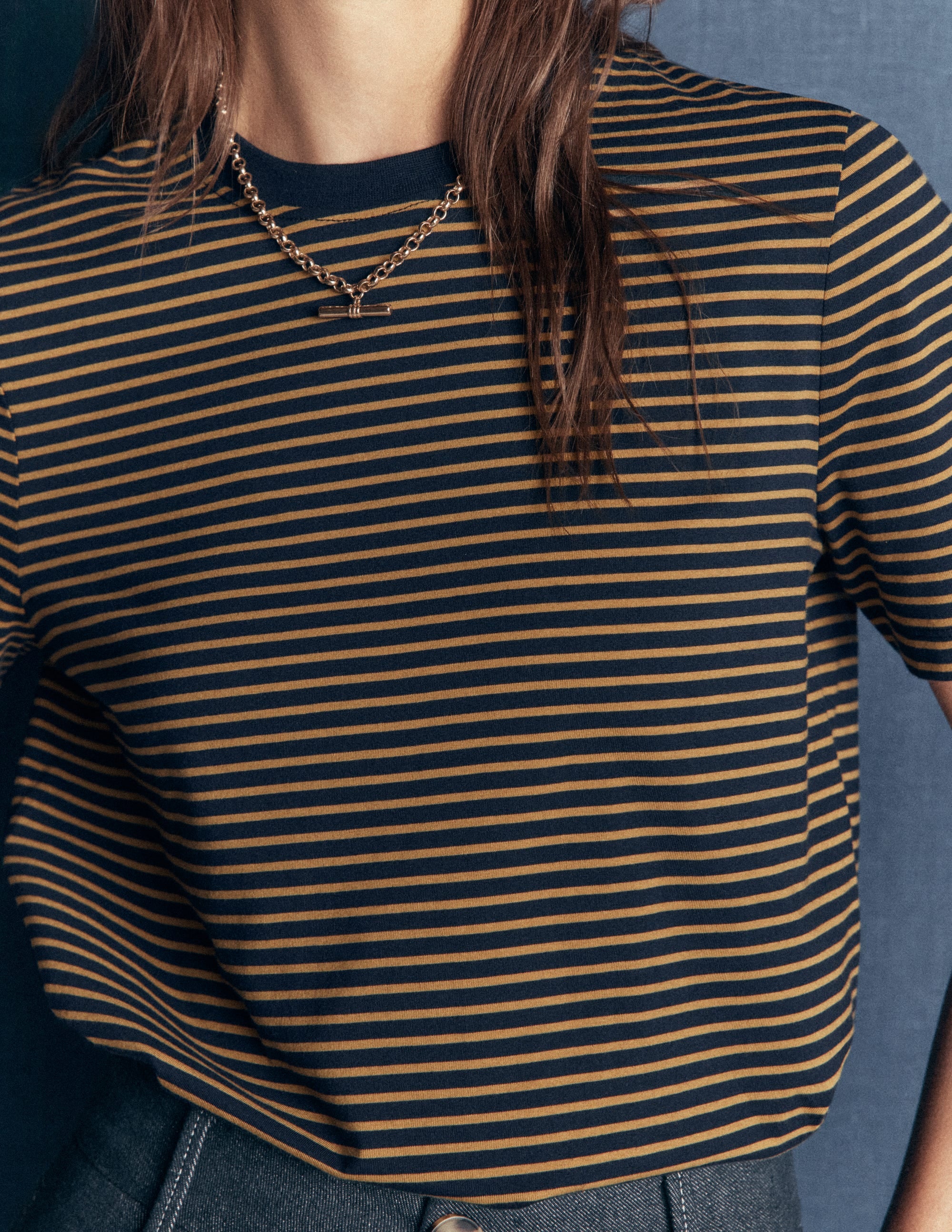 Cotton Crew Neck T-shirt-Navy and Dijon Stripe - Image 5