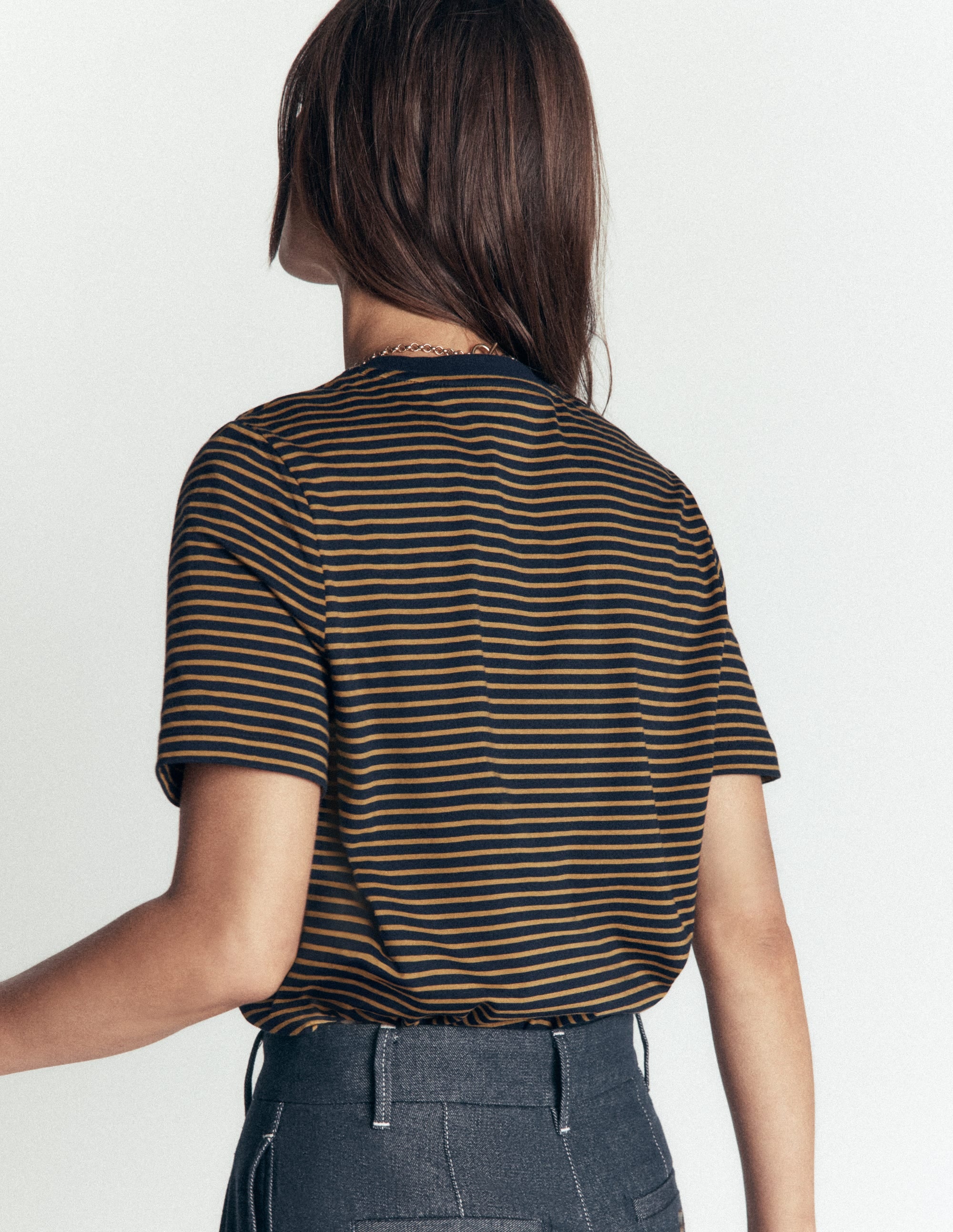 Cotton Crew Neck T-shirt-Navy and Dijon Stripe - Image 3