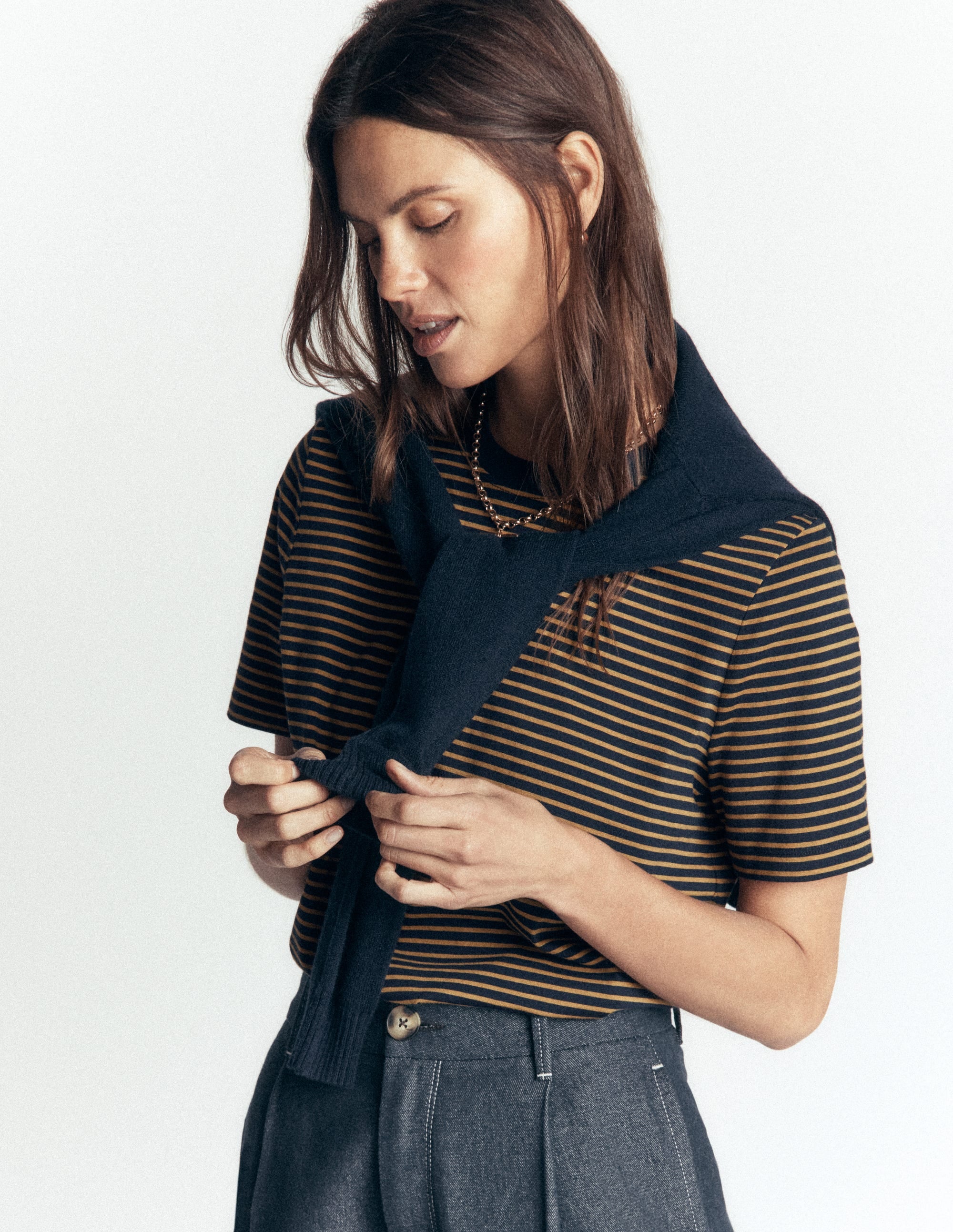 Cotton Crew Neck T-shirt-Navy and Dijon Stripe - Image 2