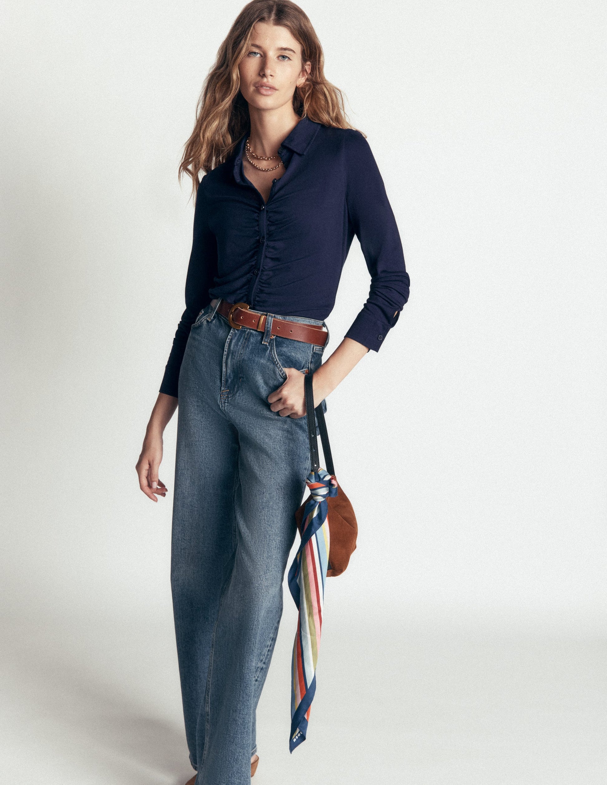 Supersoft Ruched Jersey Shirt-Navy-5