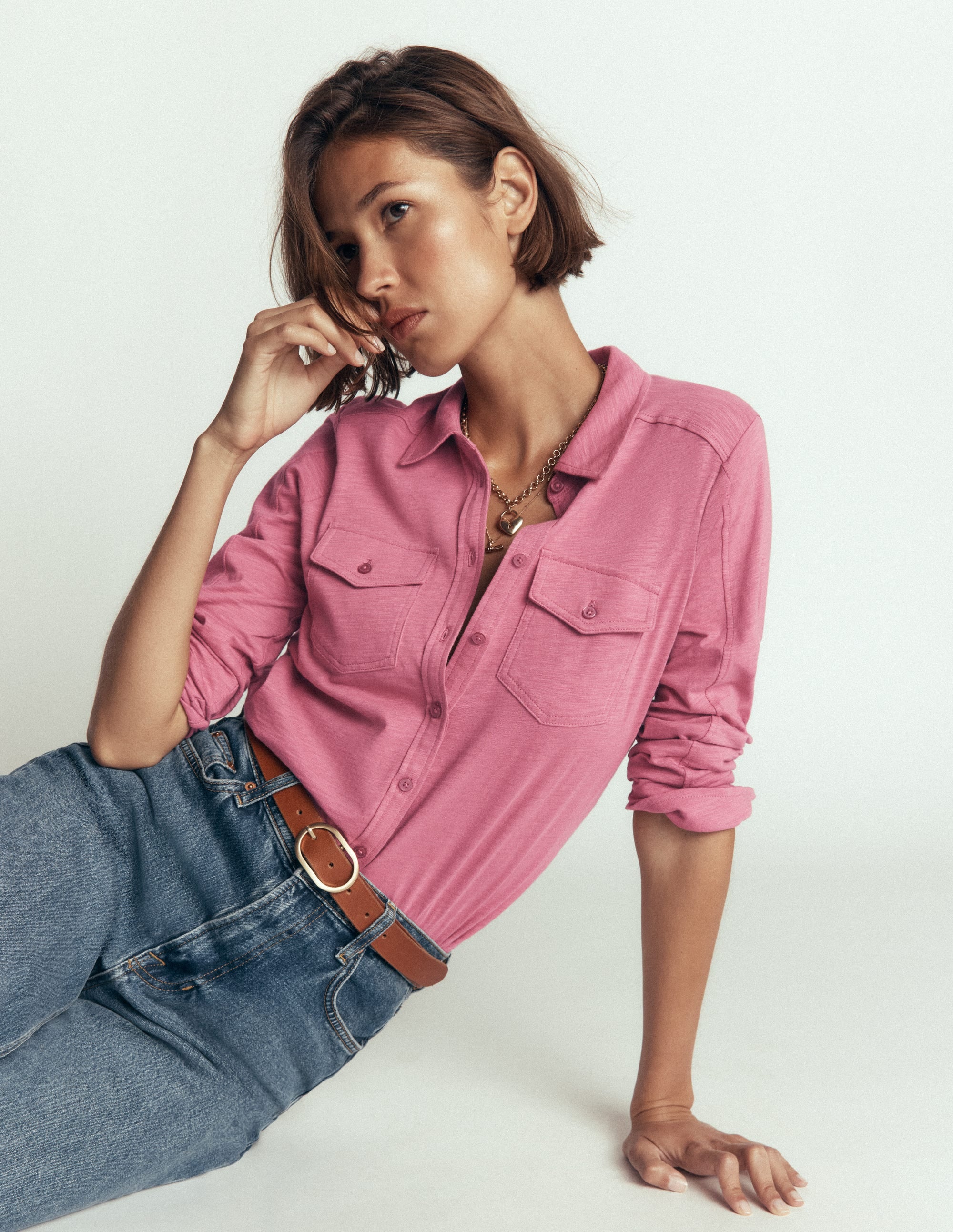 Seam Detail Jersey Shirt-Pink Heather - Image 1