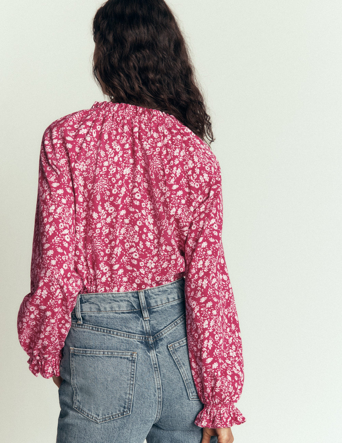 Pia Ruffle Detail Top-Red Bud, Scattered Flora - Image 2