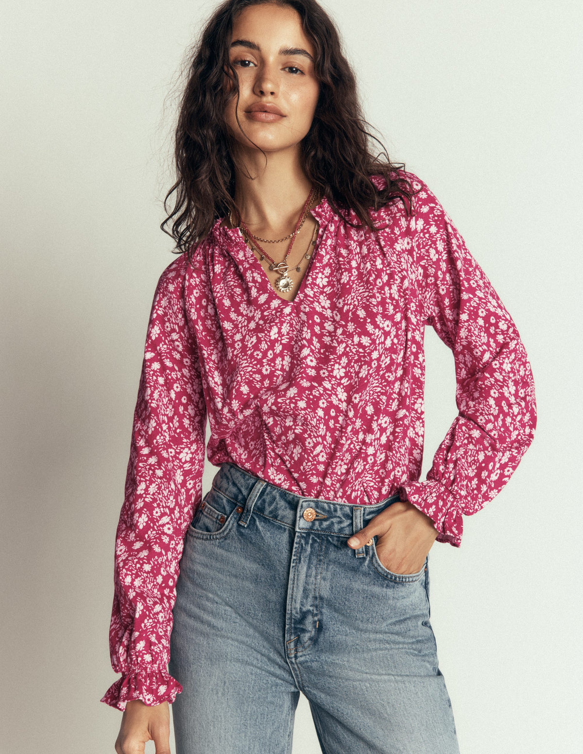 Pia Ruffle Detail Top-Red Bud, Scattered Flora - Image 3