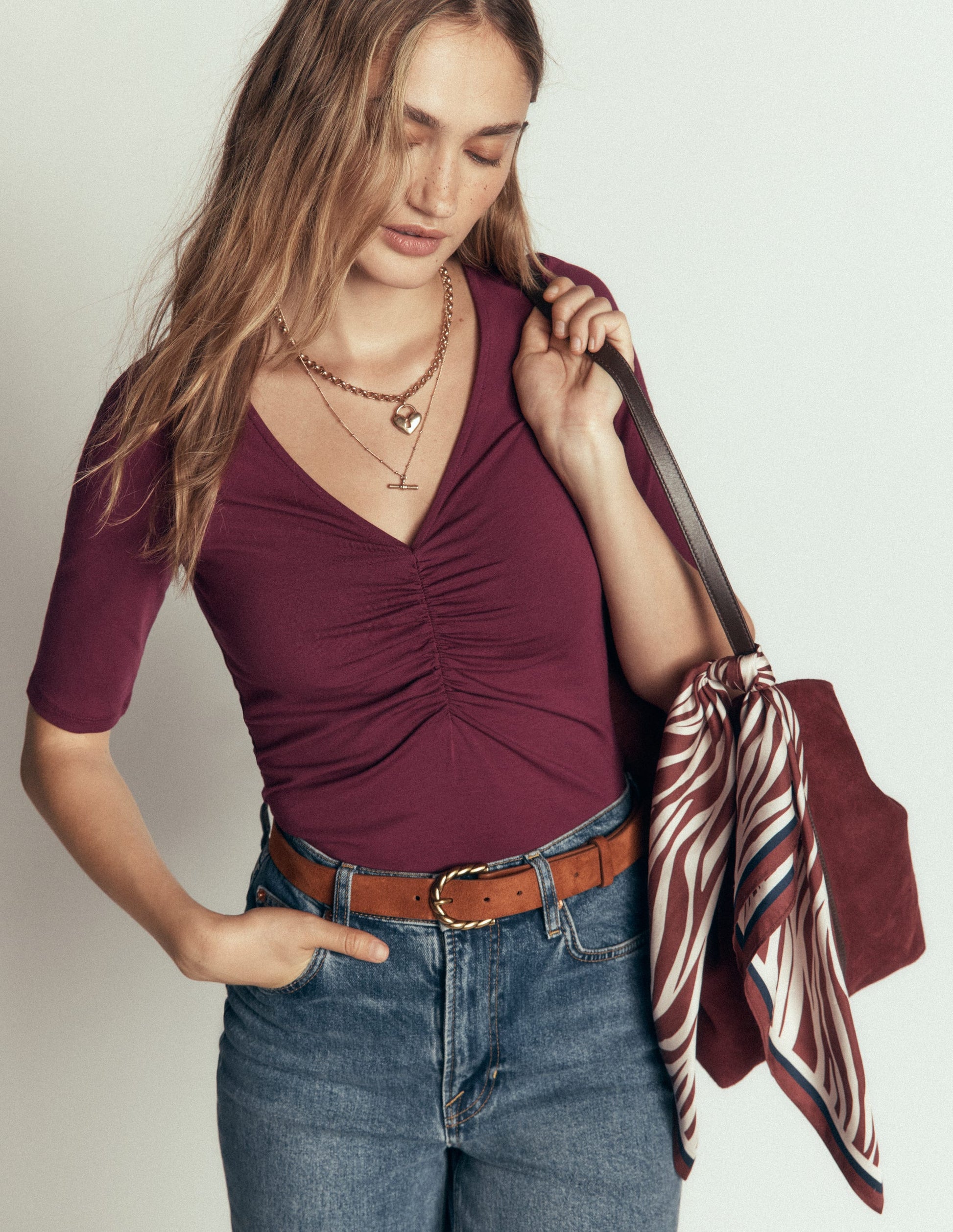 Tia Ruched V-neck Top-Deep Wisteria-1