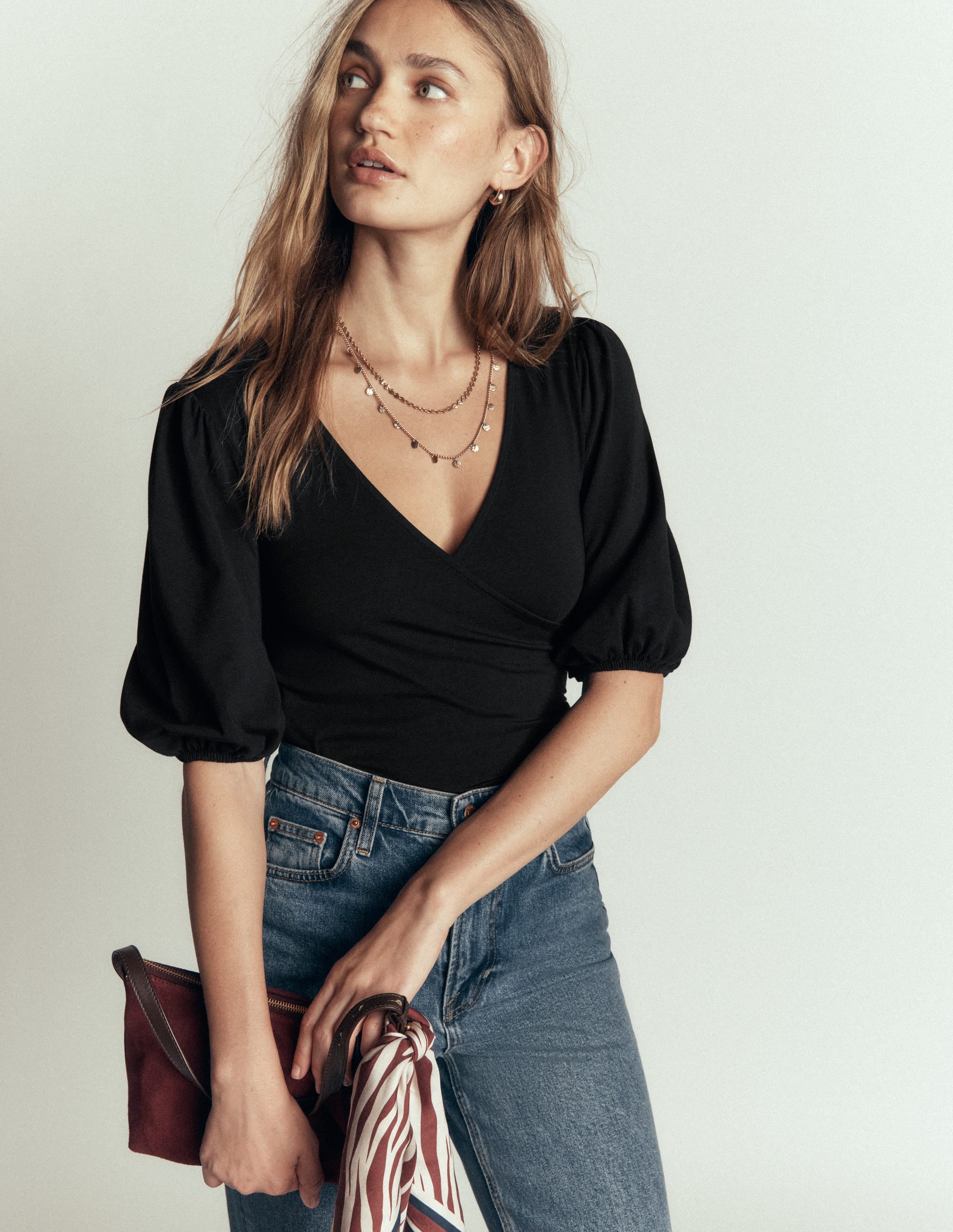 Tia Ruched Wrap Top-Black - Image 1