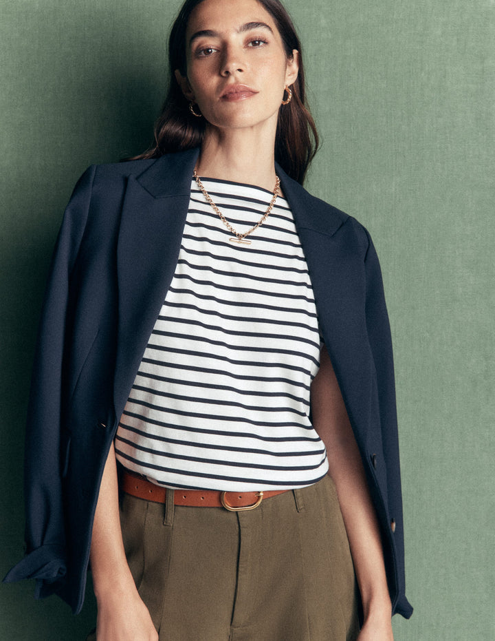Supersoft Slash Neck T-Shirt-Ivory, Navy Stripe