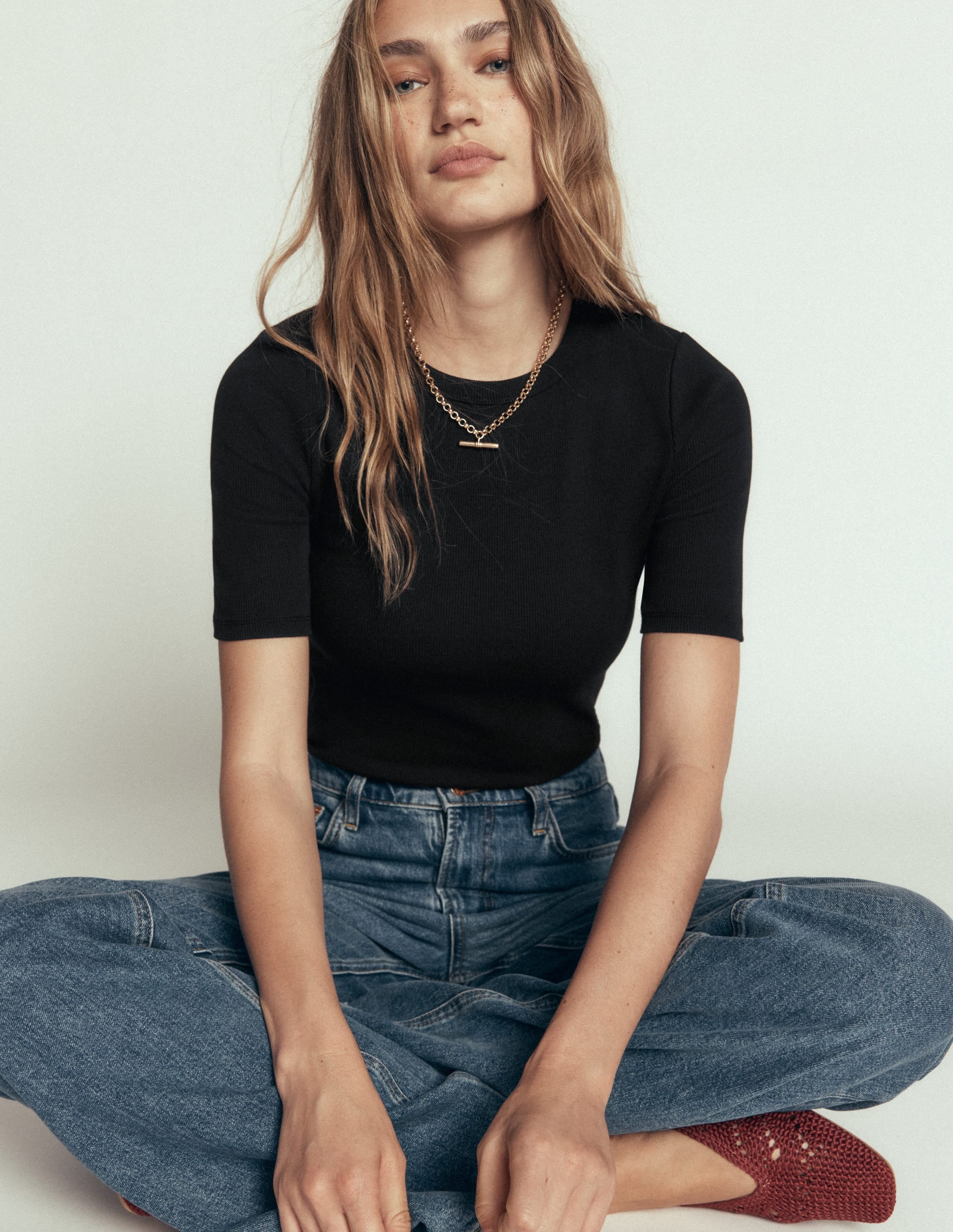 Ribbed Cotton T-Shirt-Black - Image 1