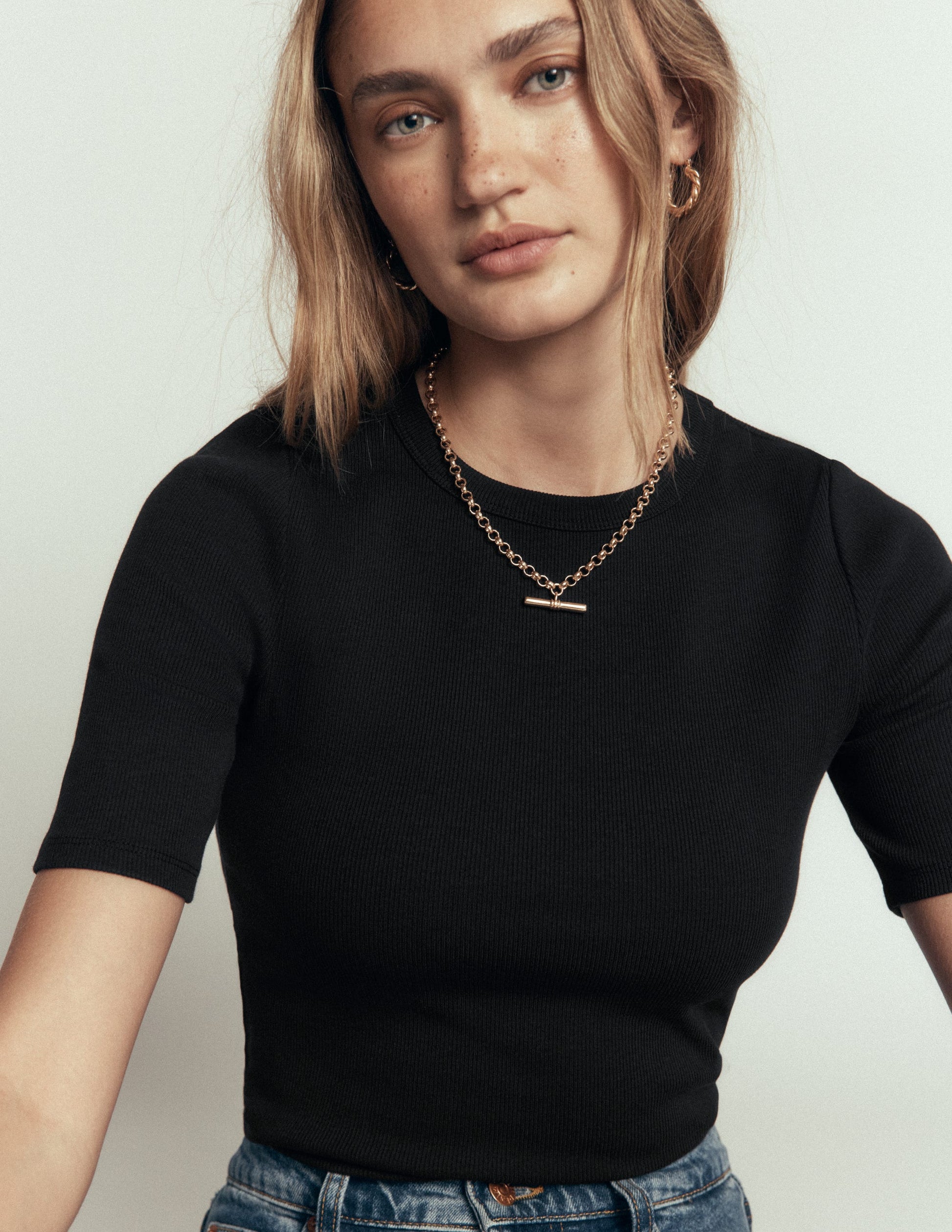 Ribbed Cotton T-Shirt-Black-2