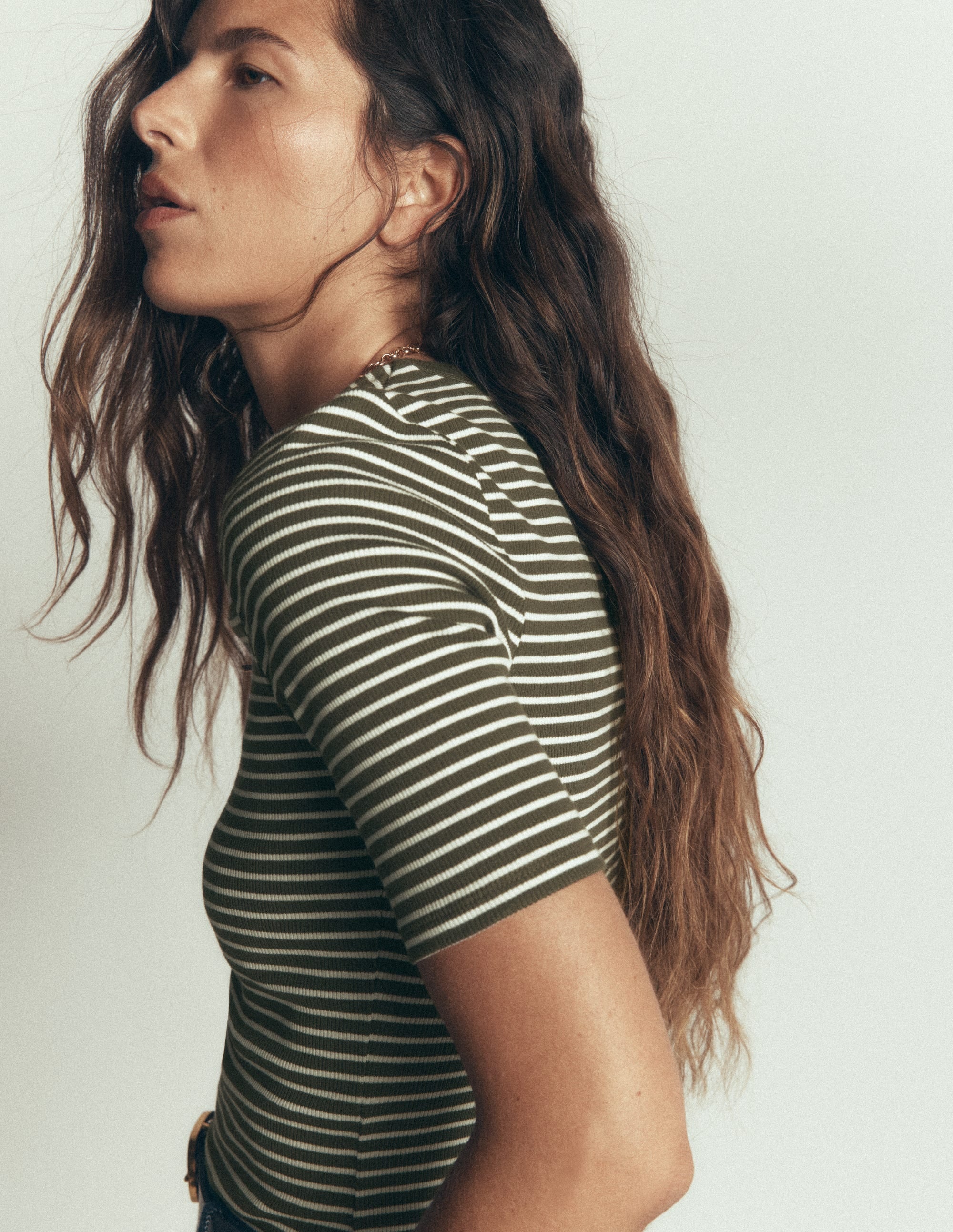 Ribbed Cotton T-Shirt-Olive Night and Ivory Stripe - Image 2