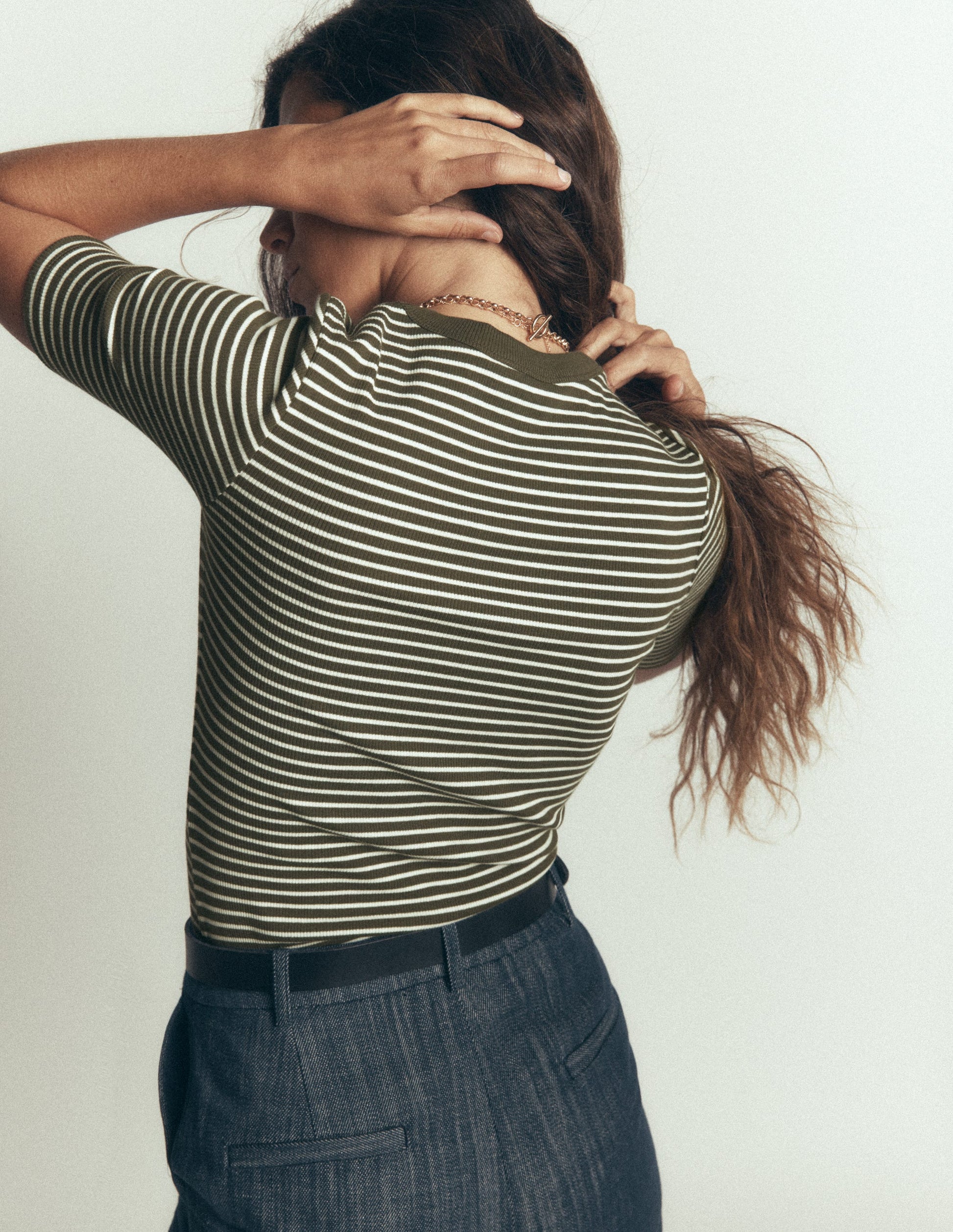Ribbed Cotton T-Shirt-Olive Night and Ivory Stripe-3