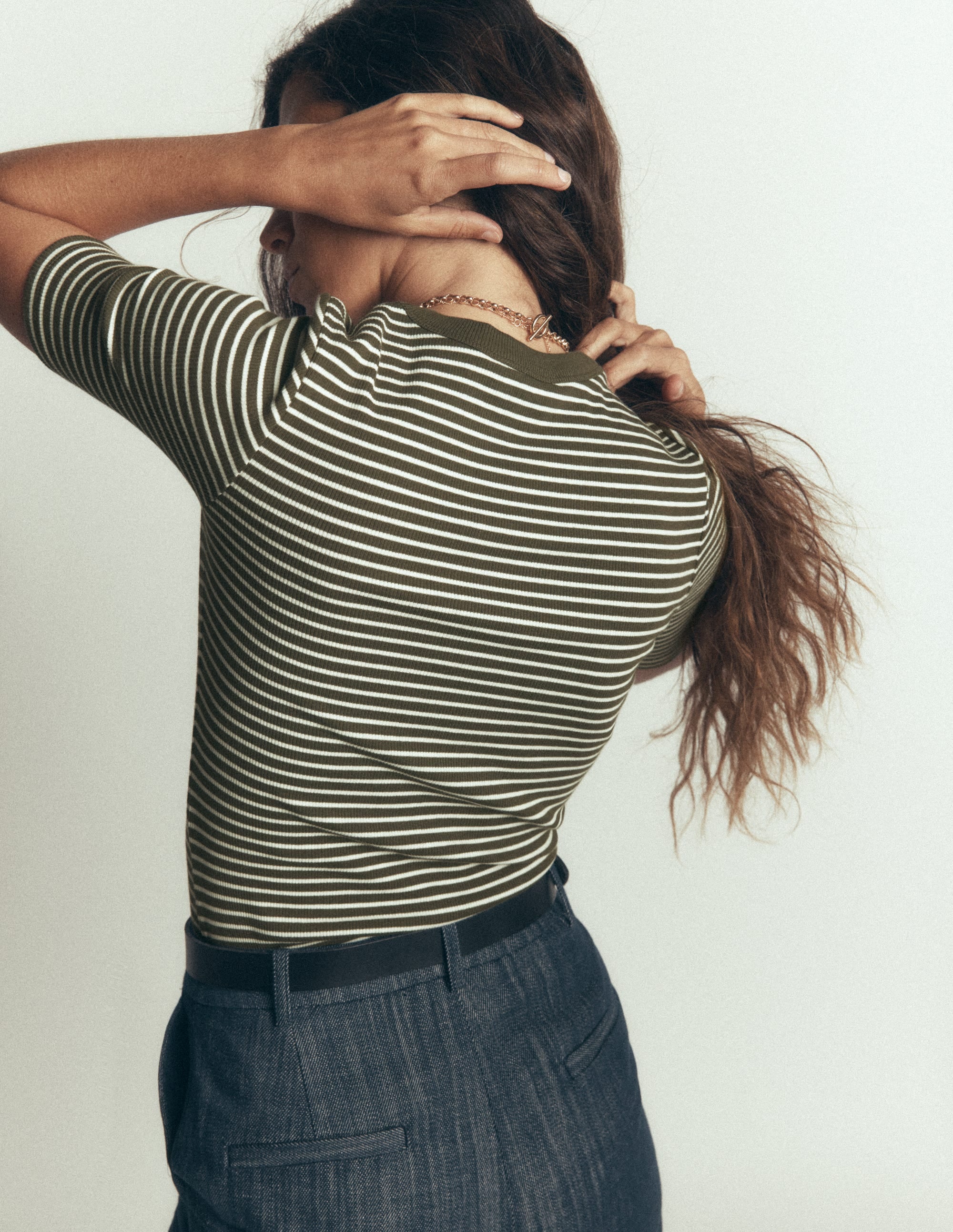 Ribbed Cotton T-Shirt-Olive Night and Ivory Stripe - Image 3