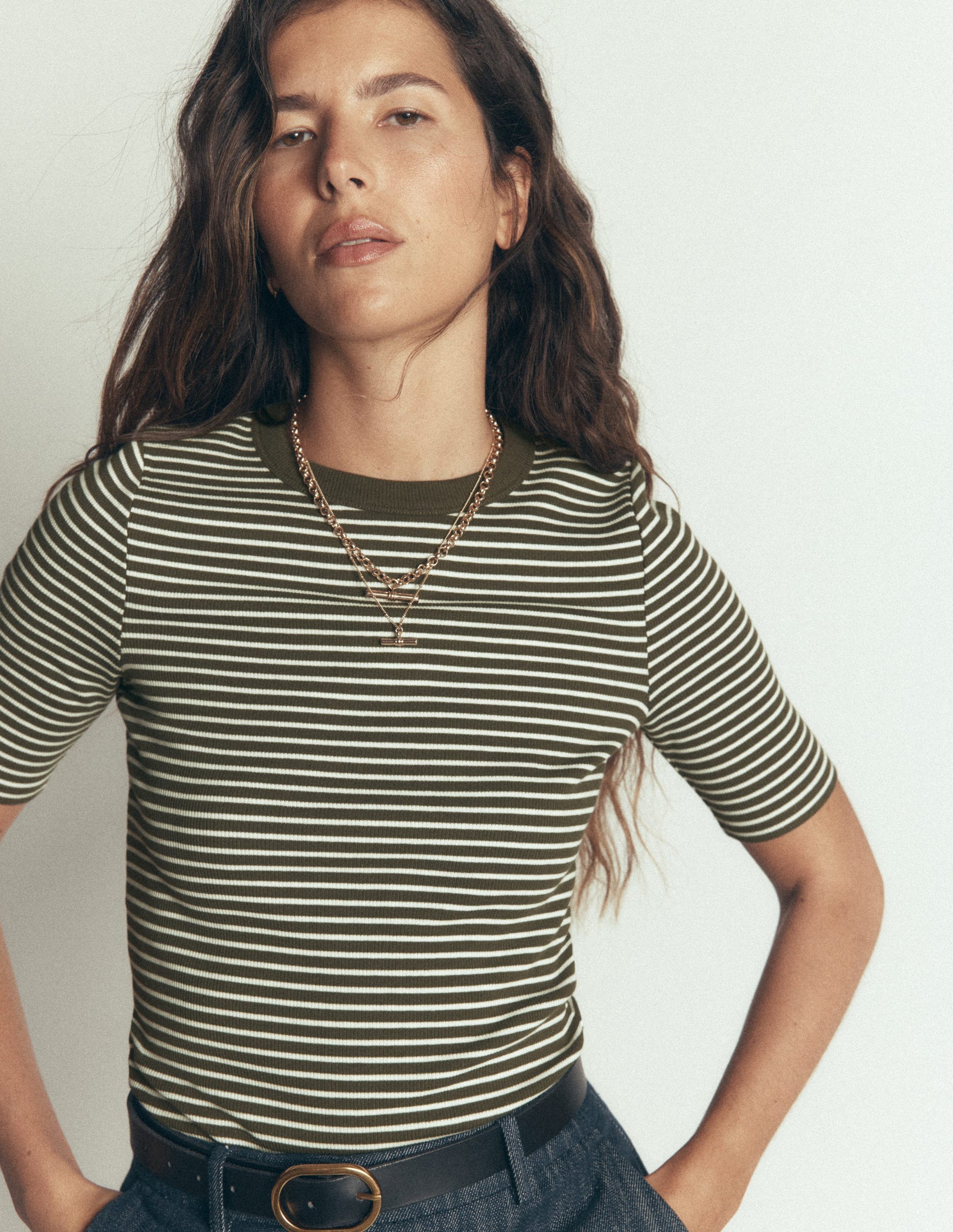 Ribbed Cotton T-Shirt-Olive Night and Ivory Stripe-5