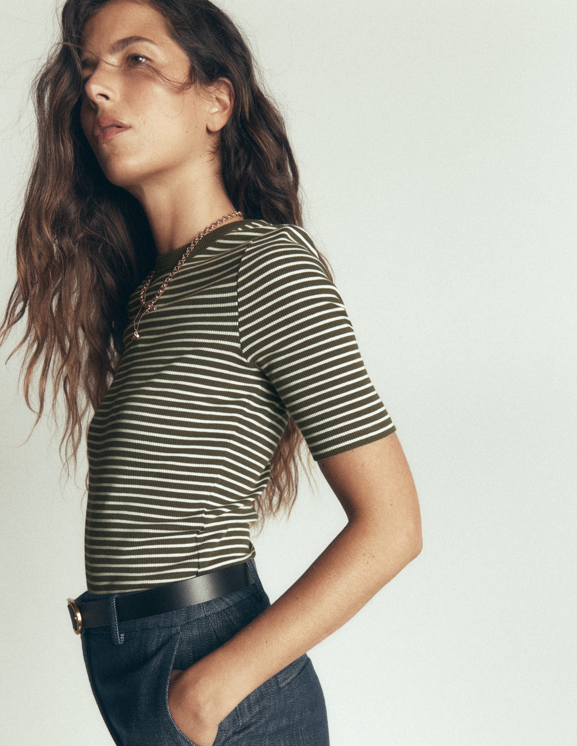 Ribbed Cotton T-Shirt-Olive Night and Ivory Stripe - Image 6