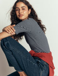 Ribbed Cotton T-Shirt-Ivory and Navy Stripe