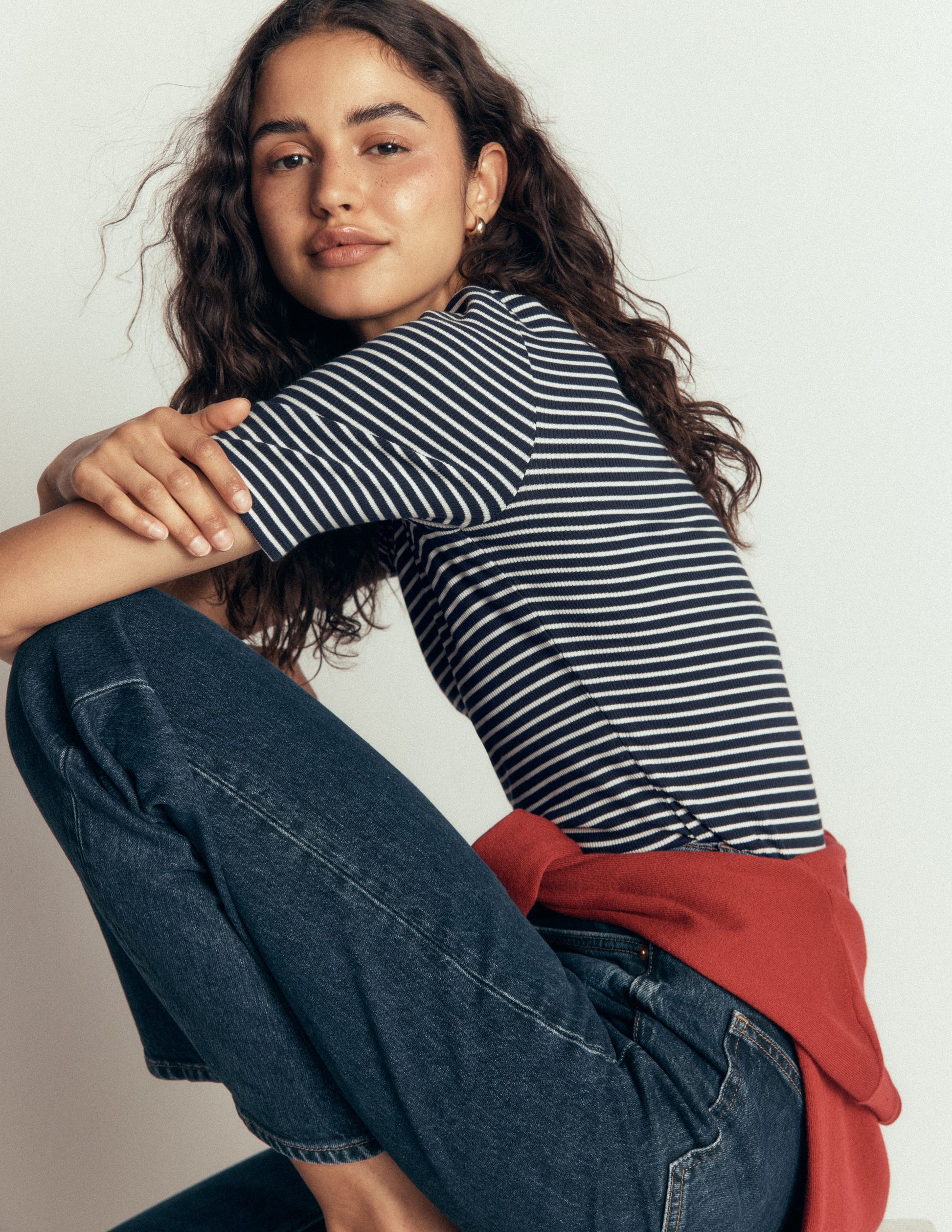 Ribbed Cotton T-Shirt-Ivory and Navy Stripe-1