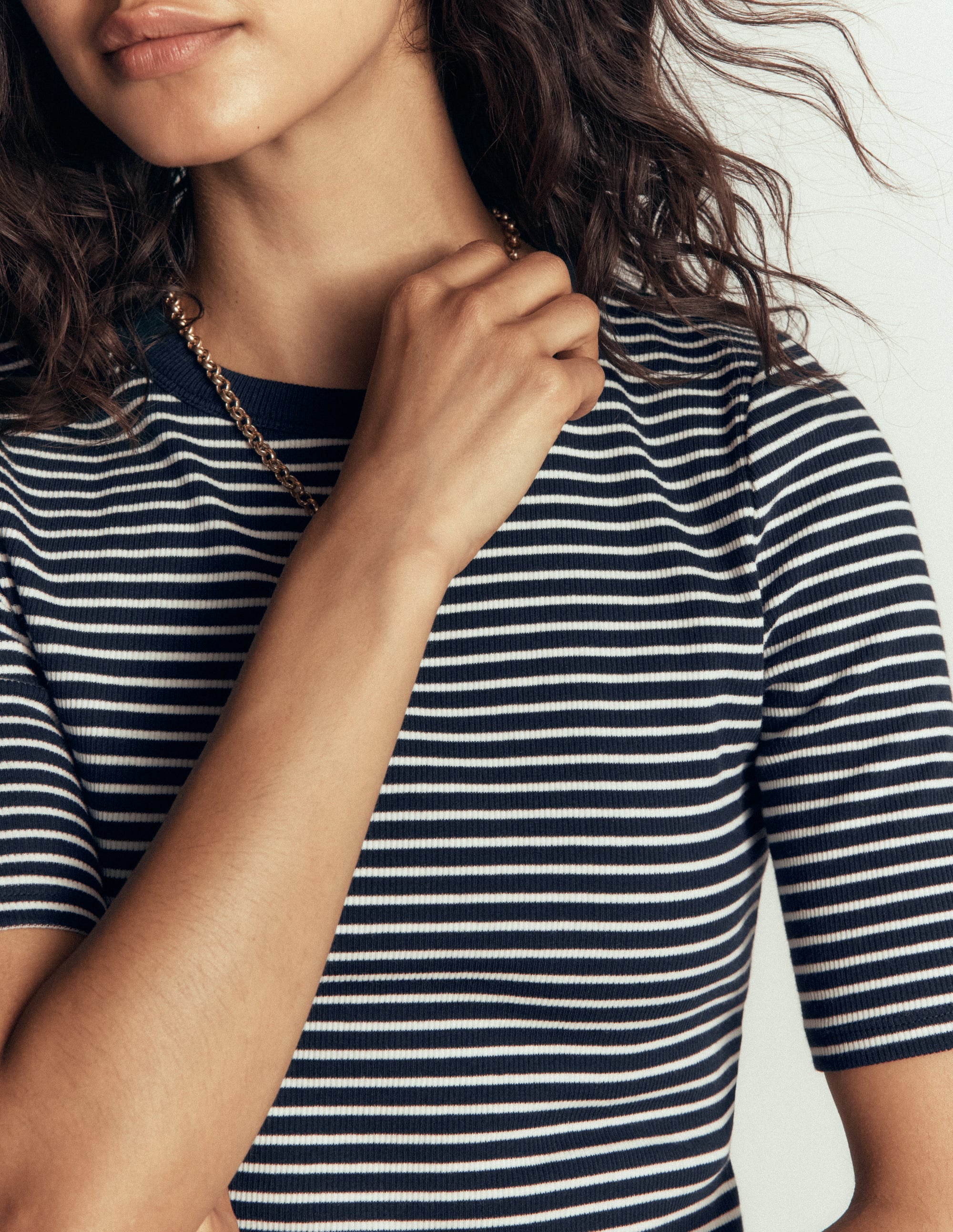 Ribbed Cotton T-Shirt-Ivory and Navy Stripe - Image 2