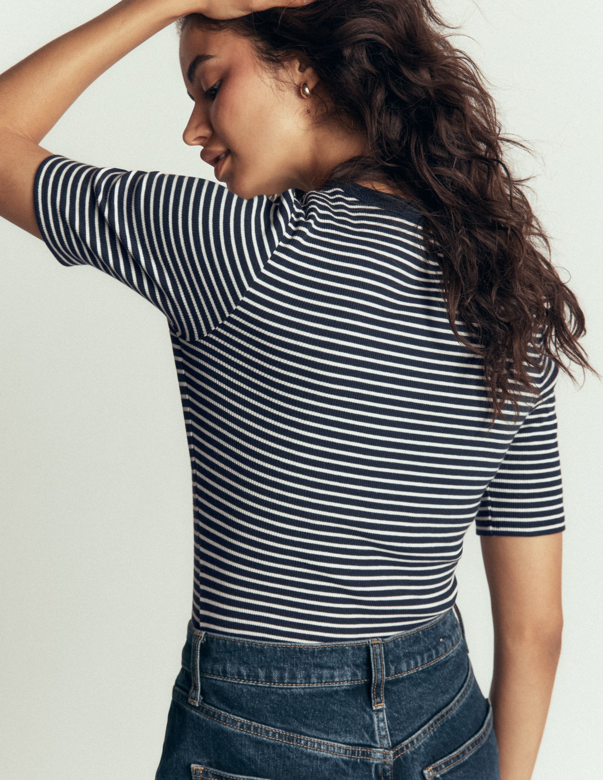 Ribbed Cotton T-Shirt-Ivory and Navy Stripe-3