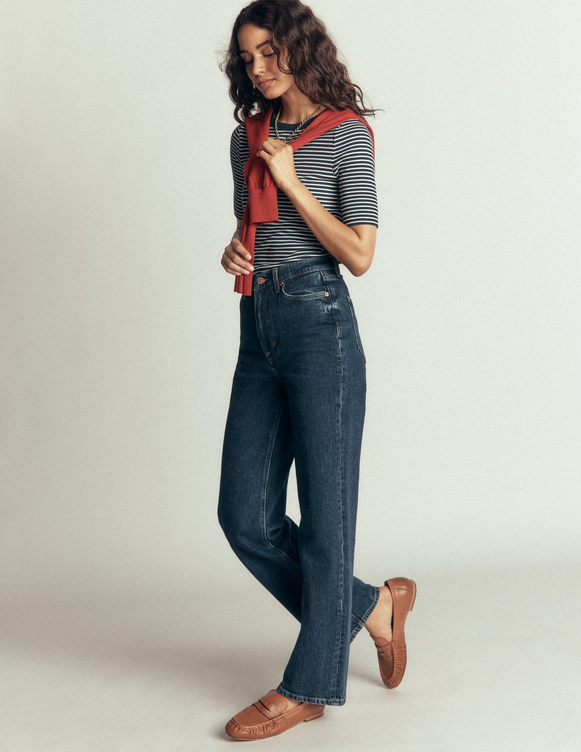 Ribbed Cotton T-Shirt-Ivory and Navy Stripe-4