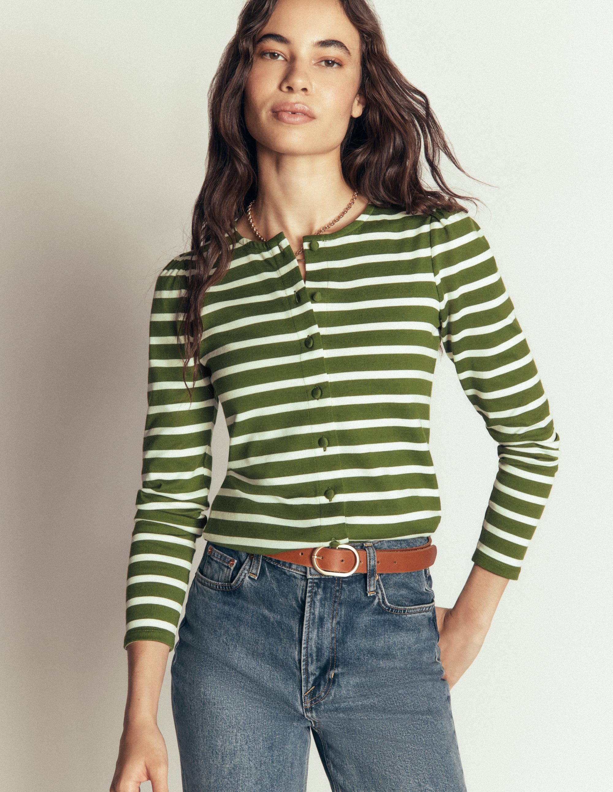 Iris Puff Sleeve Mariner-Chive and Ivory Stripe - Image 2