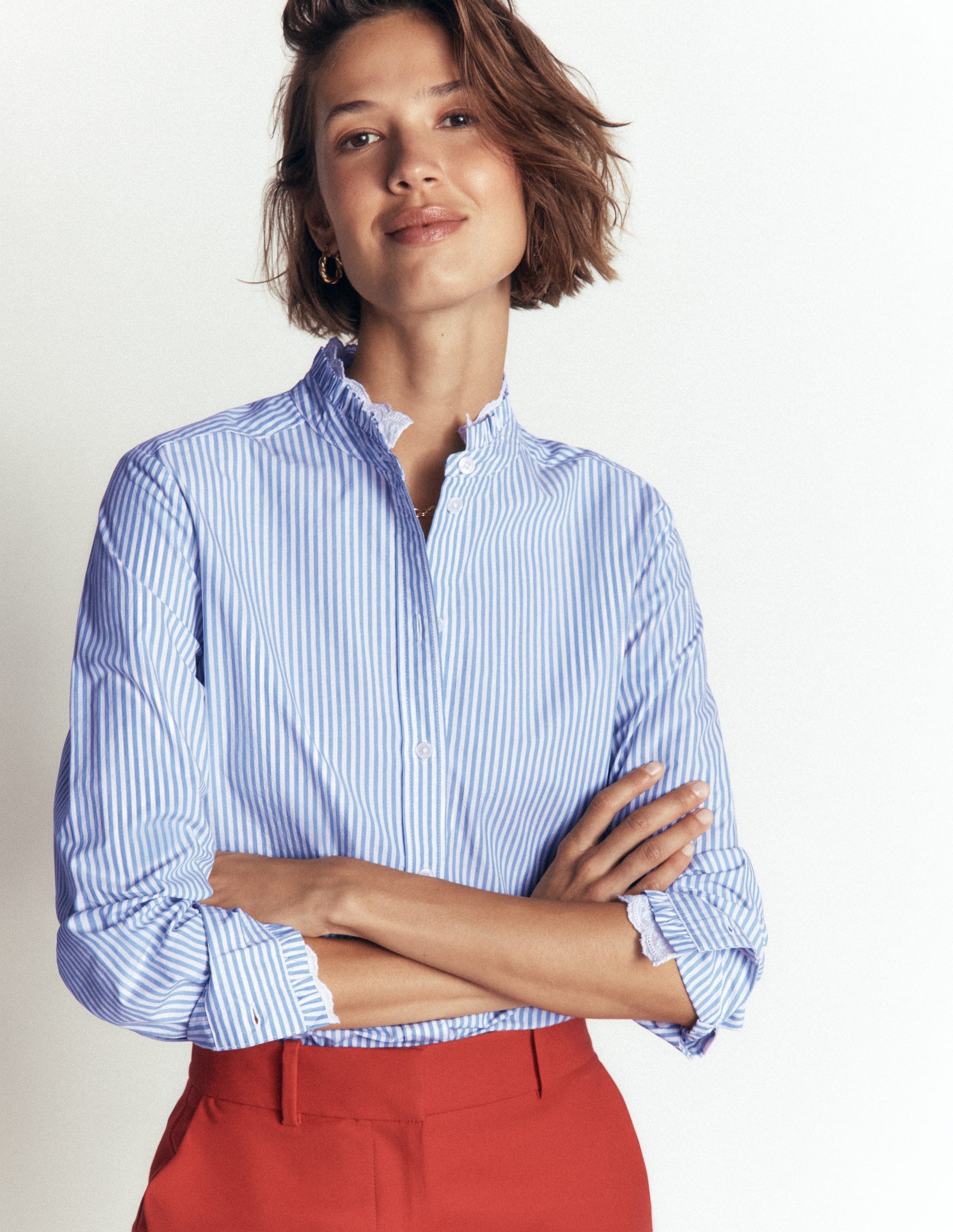 Sienna Frill Cotton Shirt-Forget Me Not, Ivory Stripe-1