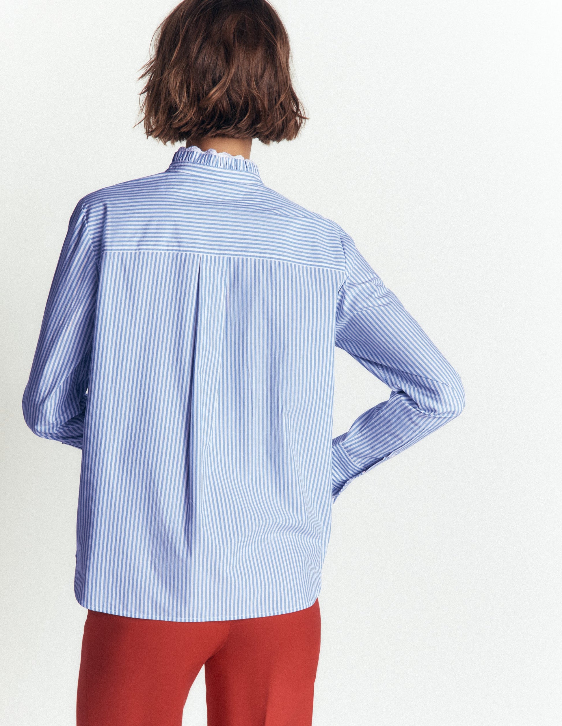 Sienna Frill Cotton Shirt-Forget Me Not, Ivory Stripe-3