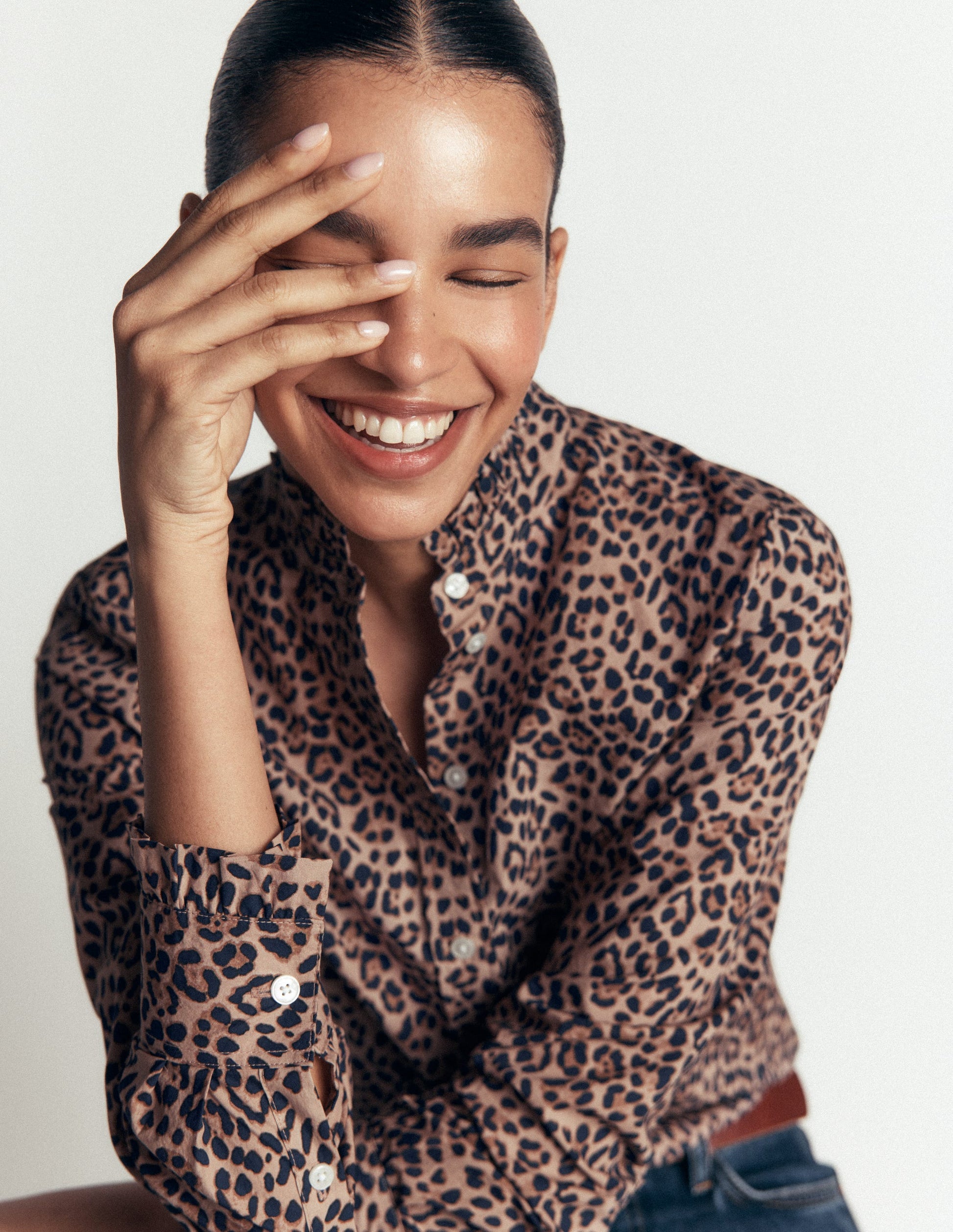 Sienna Frill Cotton Shirt-Demerara, Brushed Animal-3
