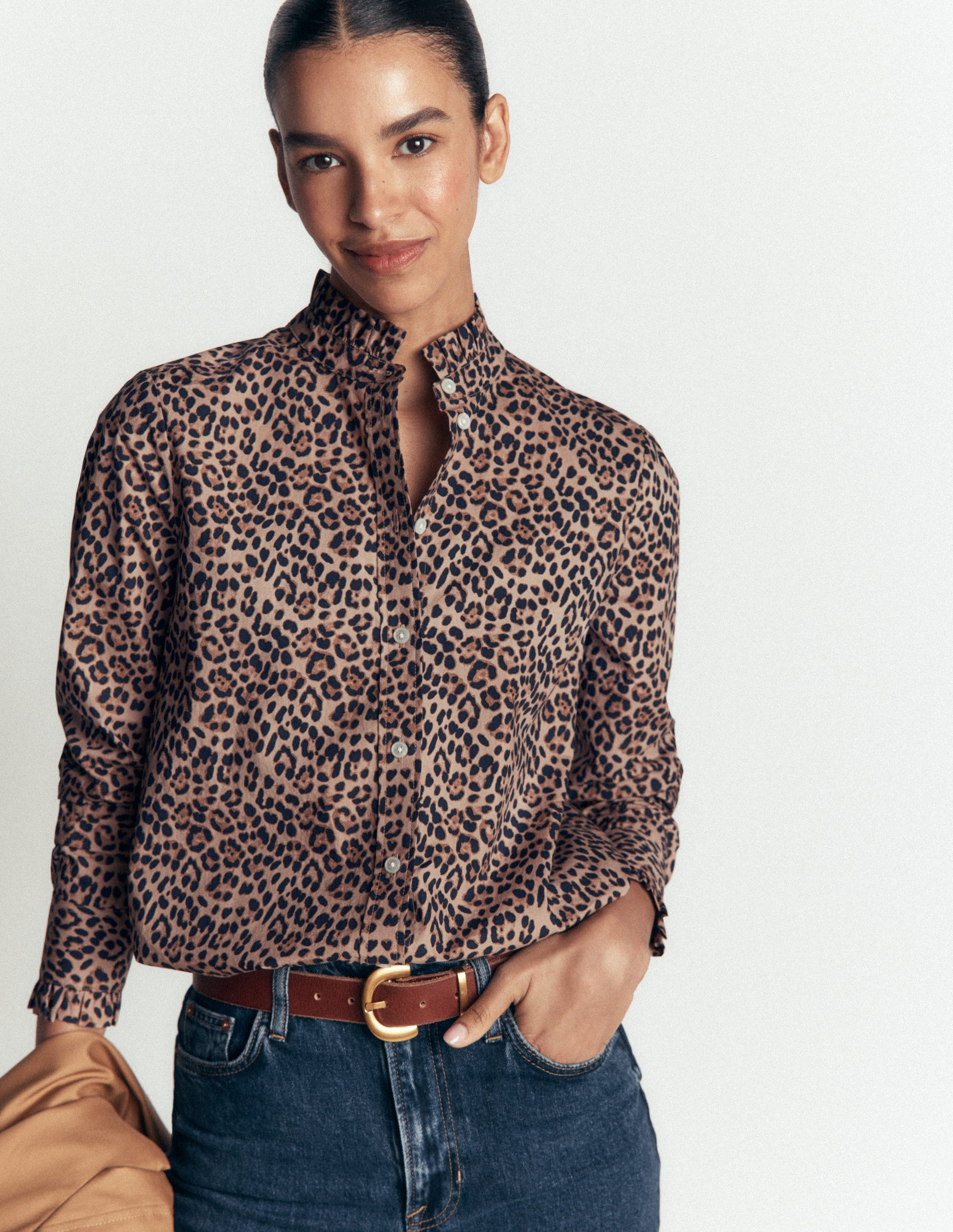 Sienna Frill Cotton Shirt-Demerara, Brushed Animal-7