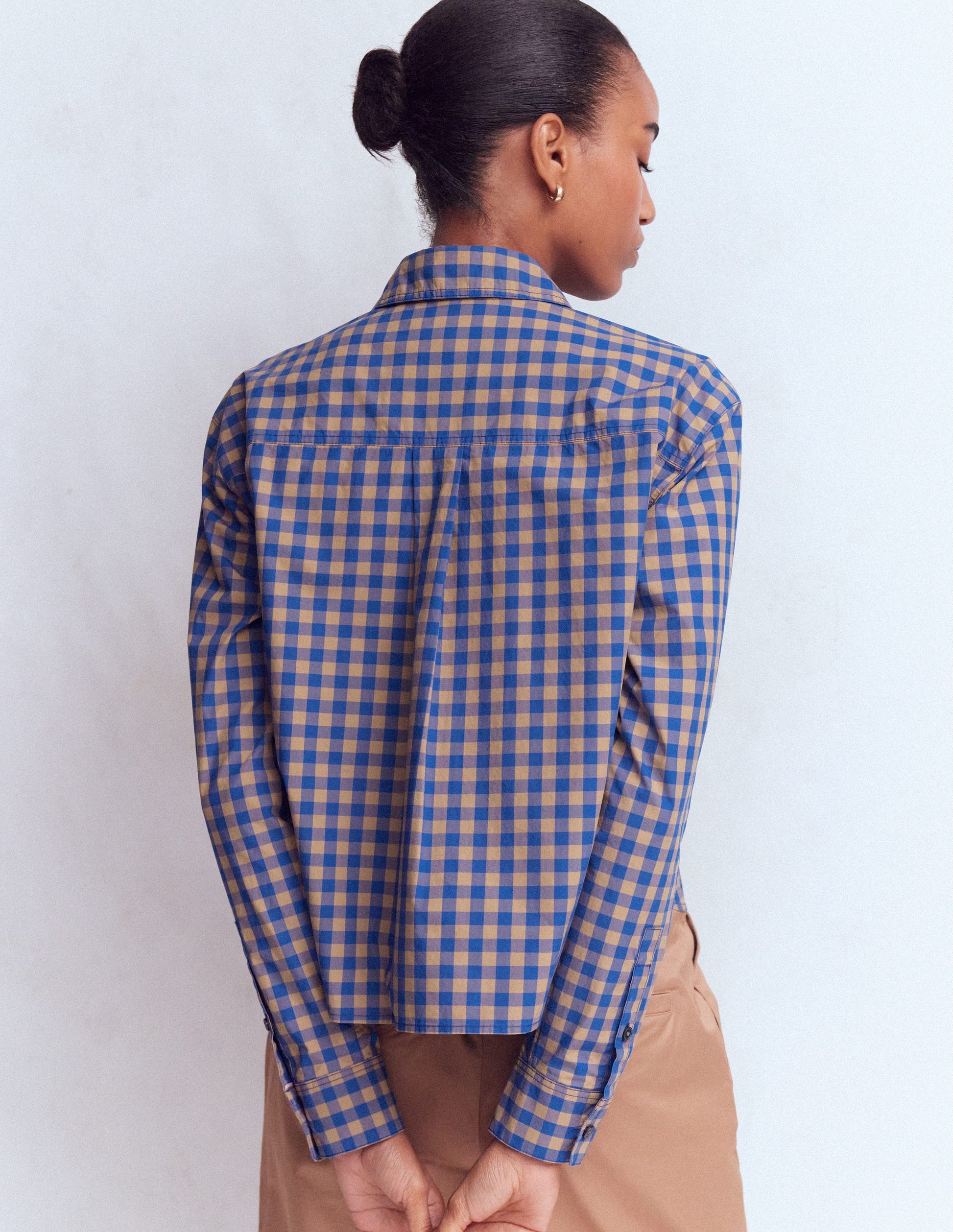 Sienna Cropped Cotton Shirt-Camel, Blue Gingham-3